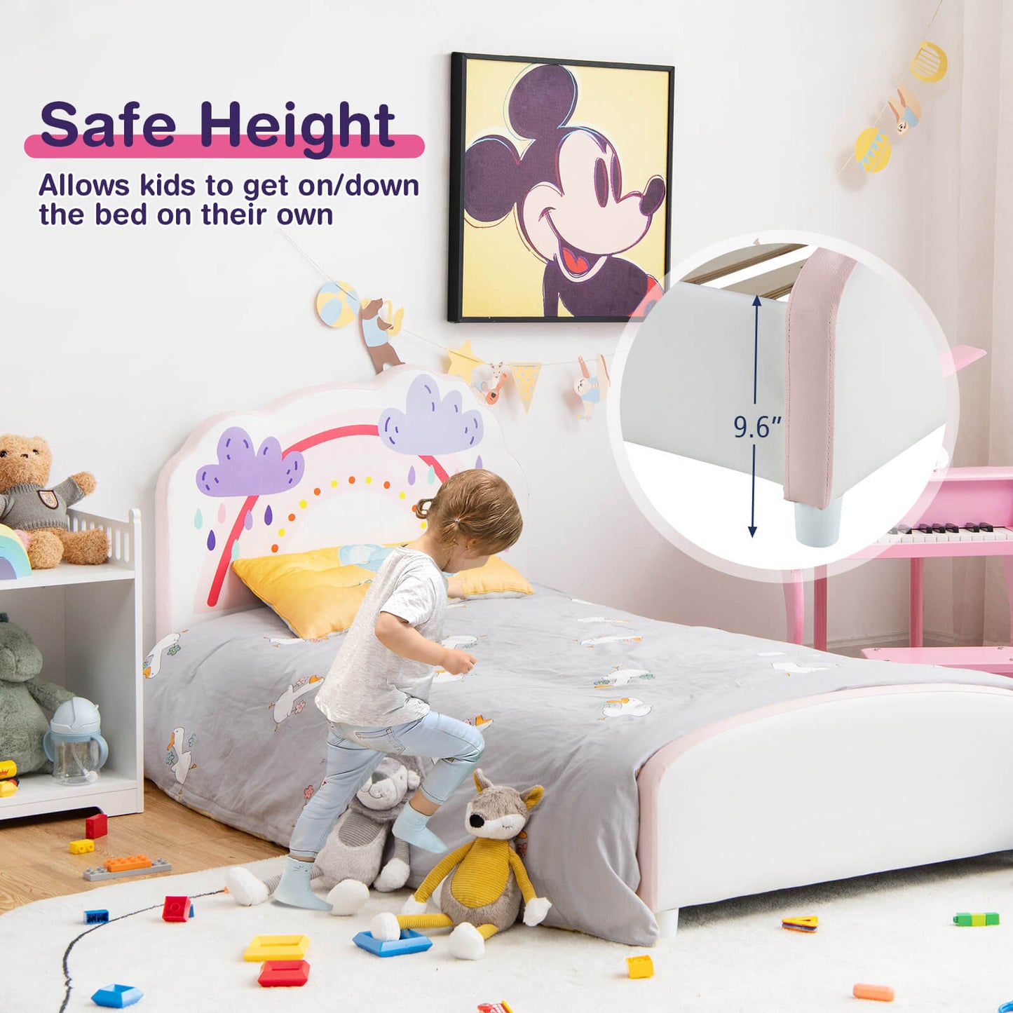 Kids Twin Size Upholstered Platform Wooden Bed with Rainbow Pattern Kids Crystal