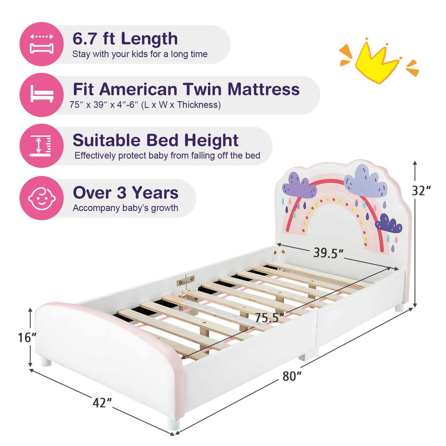 Kids Twin Size Upholstered Platform Wooden Bed with Rainbow Pattern Kids Crystal