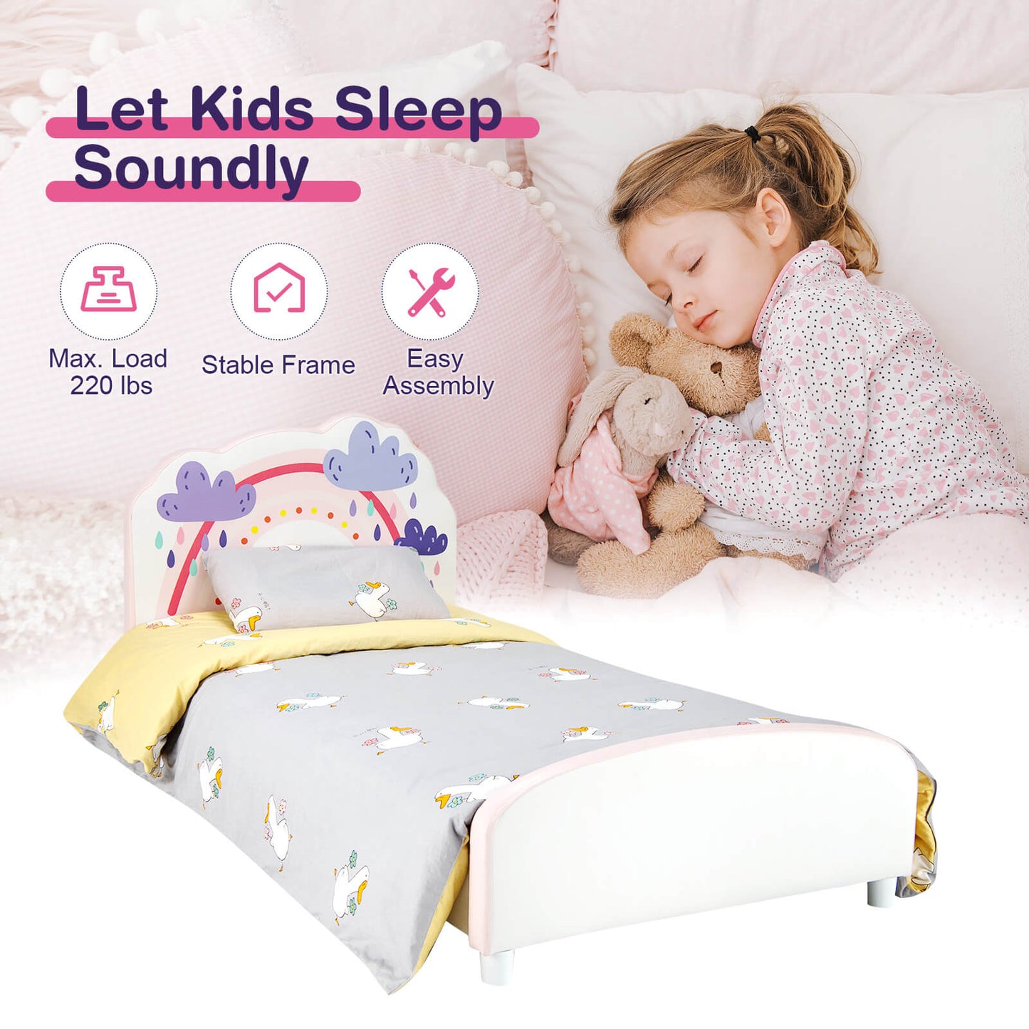 Kids Twin Size Upholstered Platform Wooden Bed with Rainbow Pattern Kids Crystal