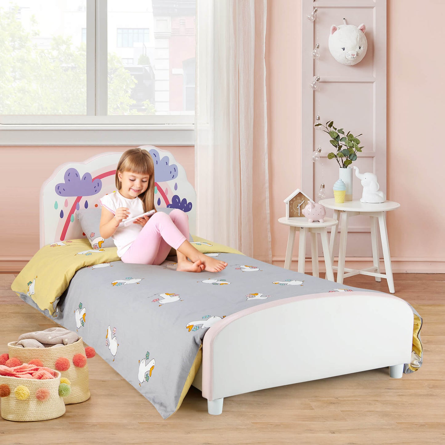 Kids Twin Size Upholstered Platform Wooden Bed with Rainbow Pattern Kids Crystal