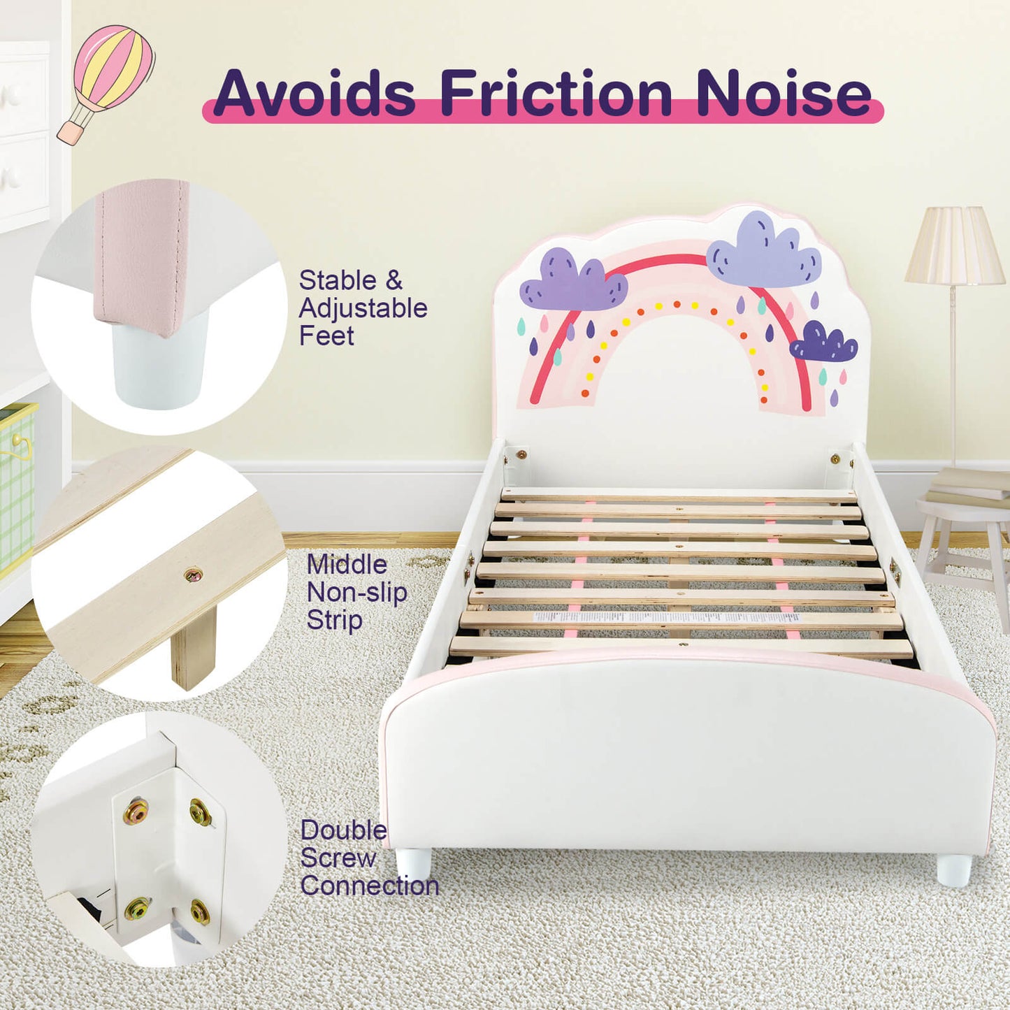 Kids Twin Size Upholstered Platform Wooden Bed with Rainbow Pattern Kids Crystal