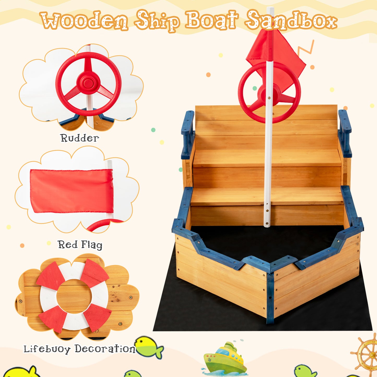 Kids Pirate Boat Wooden Sandbox Children Outdoor Playset Kids Crystal