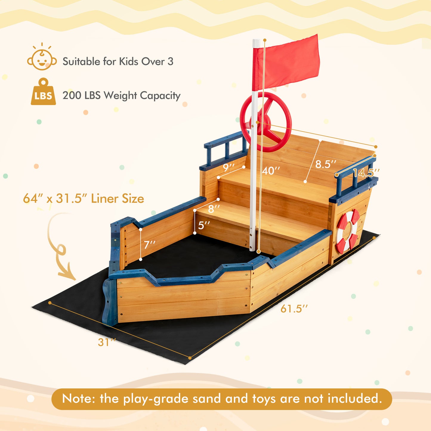 Kids Pirate Boat Wooden Sandbox Children Outdoor Playset Kids Crystal