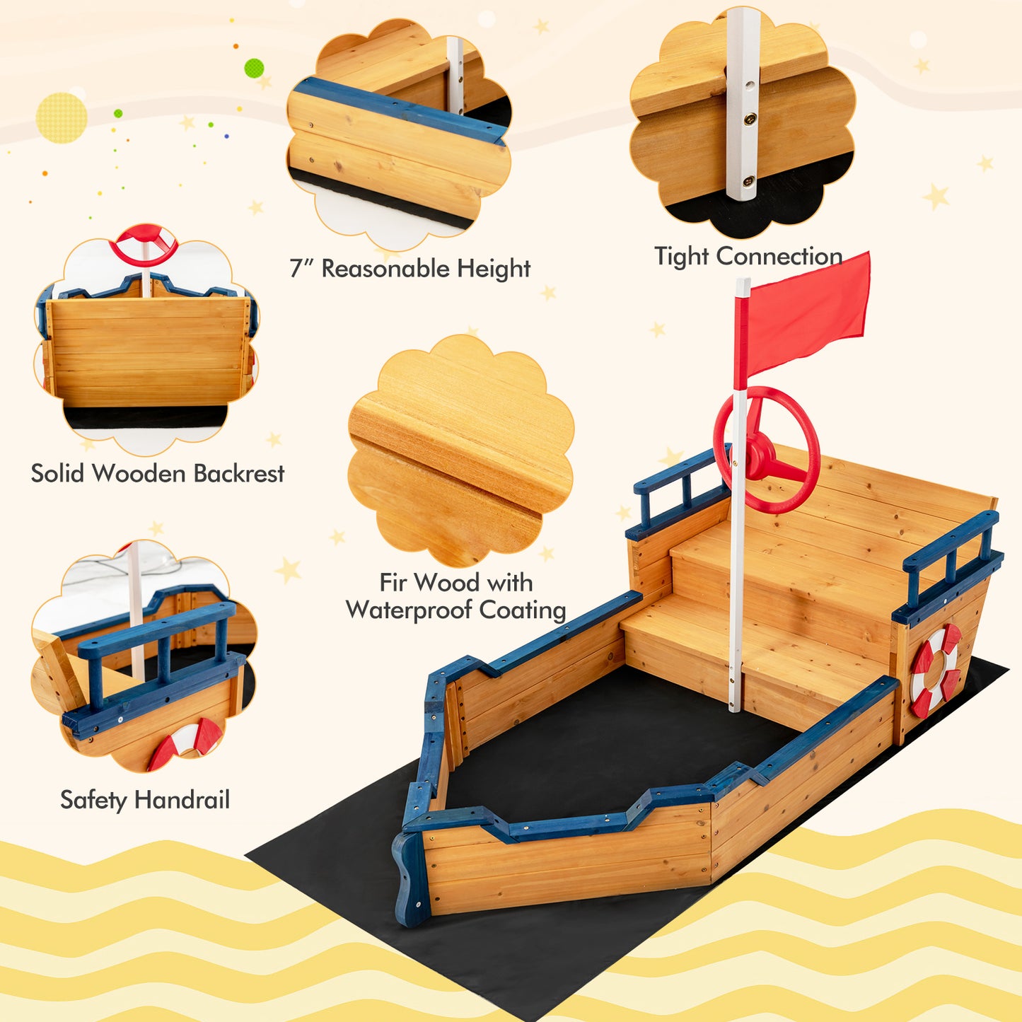 Kids Pirate Boat Wooden Sandbox Children Outdoor Playset Kids Crystal