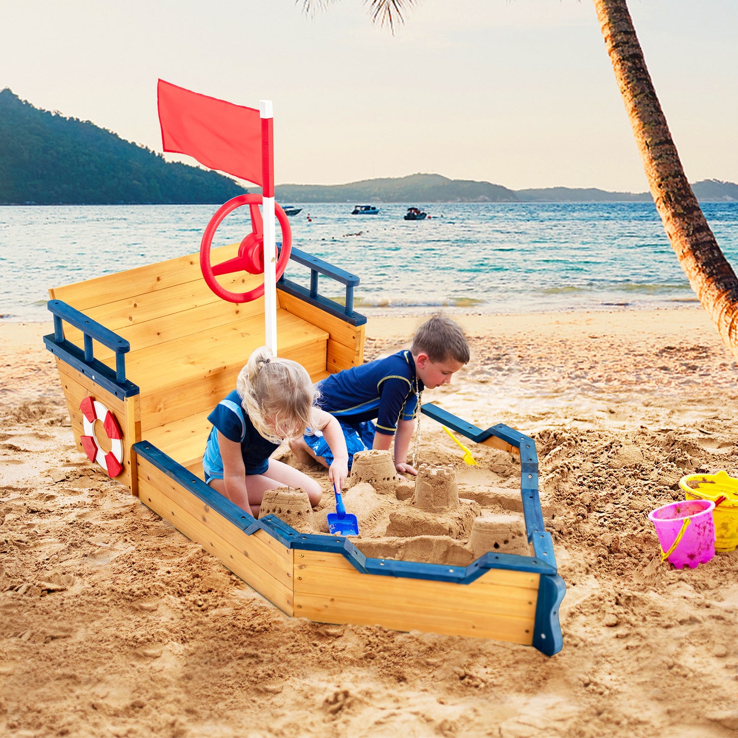 Kids Pirate Boat Wooden Sandbox Children Outdoor Playset Kids Crystal