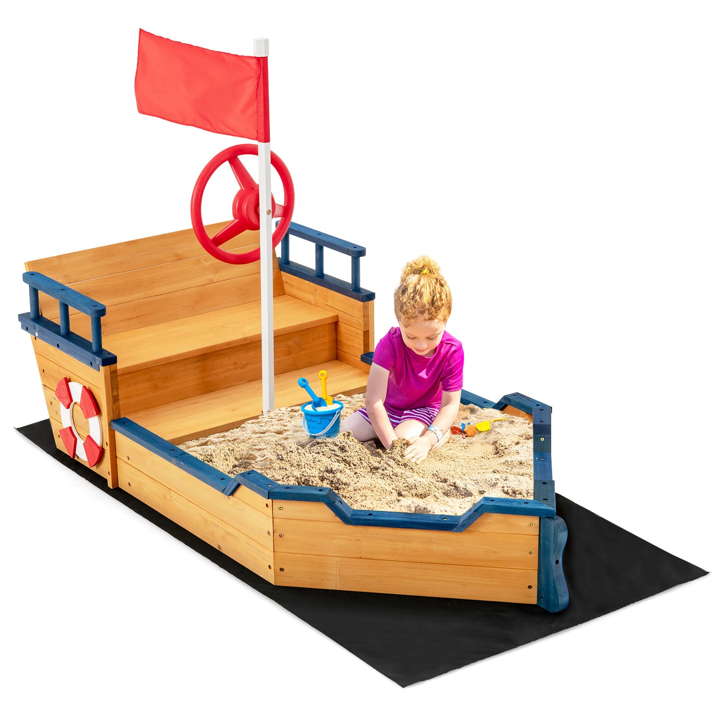 Kids Pirate Boat Wooden Sandbox Children Outdoor Playset Kids Crystal