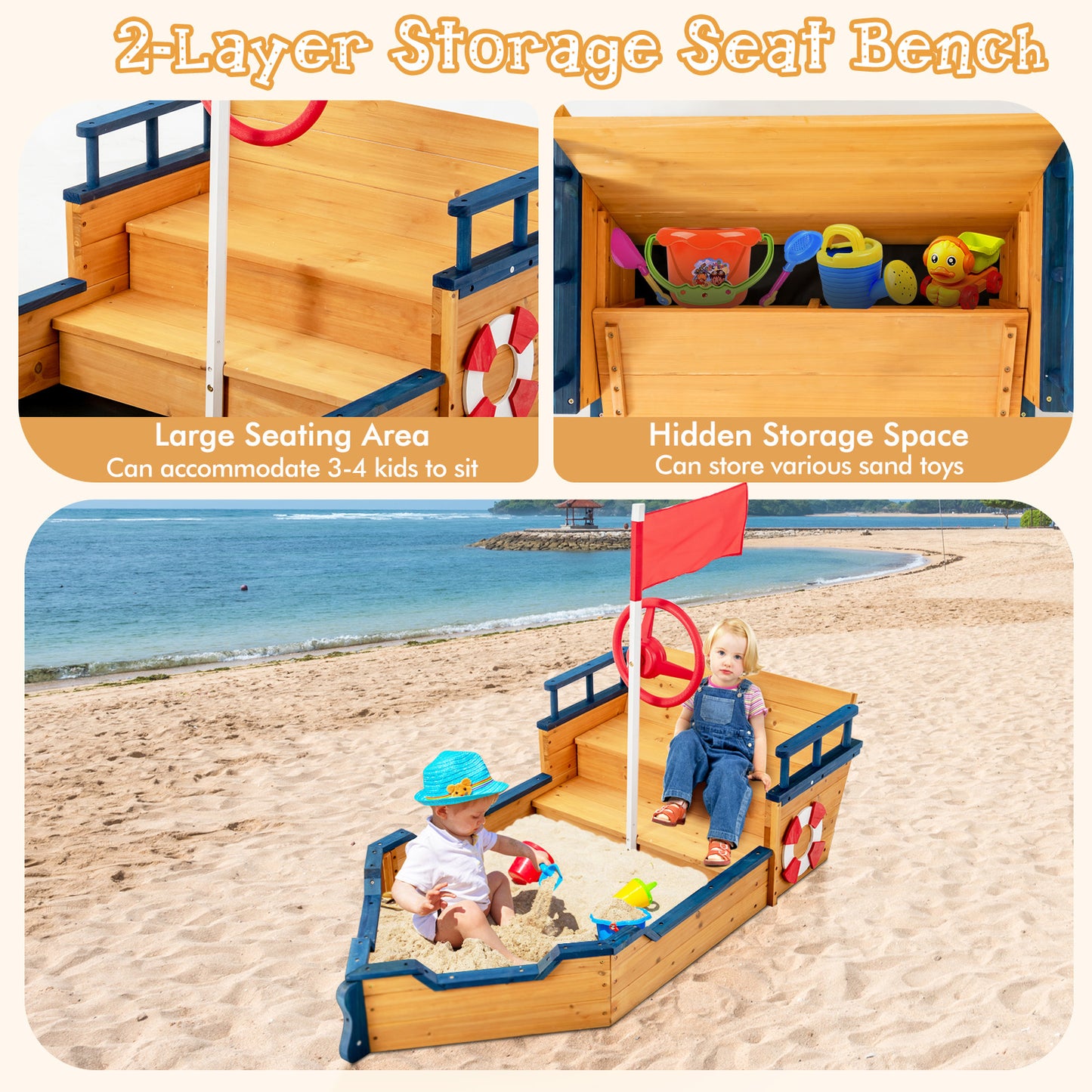Kids Pirate Boat Wooden Sandbox Children Outdoor Playset Kids Crystal