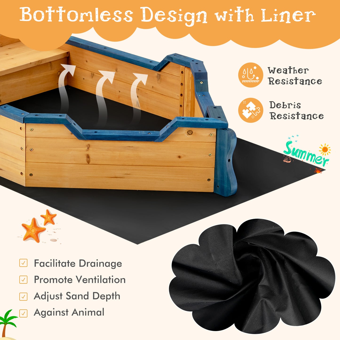 Kids Pirate Boat Wooden Sandbox Children Outdoor Playset Kids Crystal
