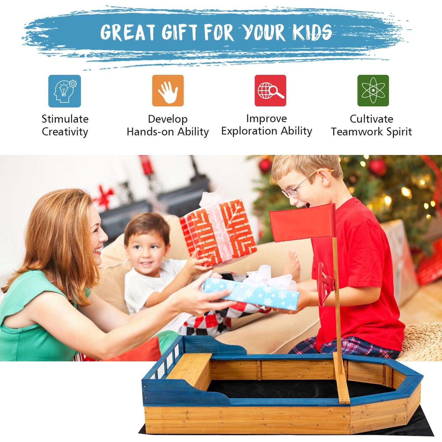Kids' Pirate Boat Sandbox with Flag and Rudder Kids Crystal