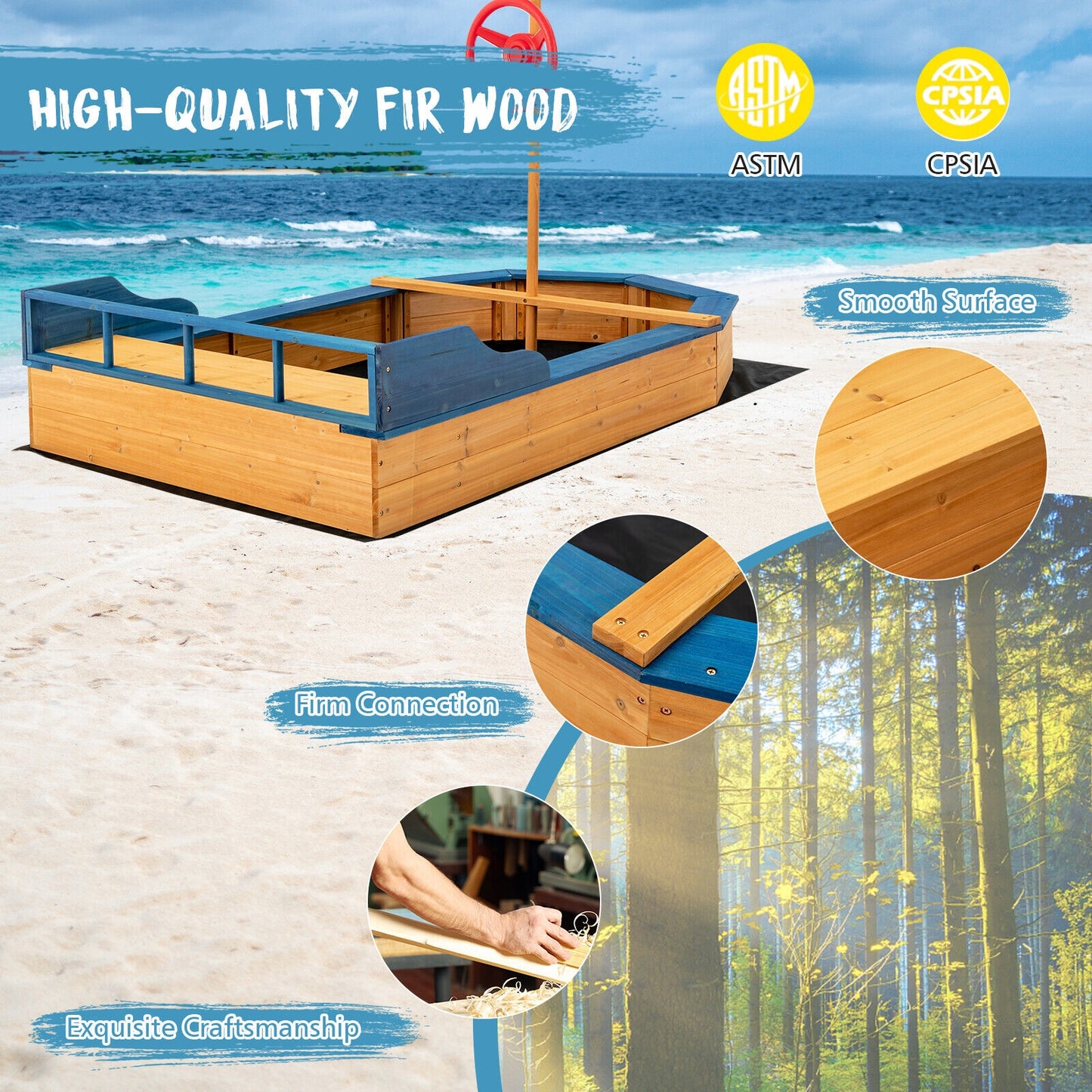 Kids' Pirate Boat Sandbox with Flag and Rudder Kids Crystal