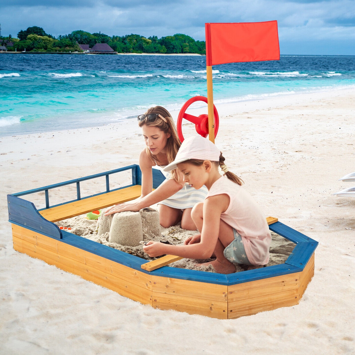 Kids' Pirate Boat Sandbox with Flag and Rudder Kids Crystal
