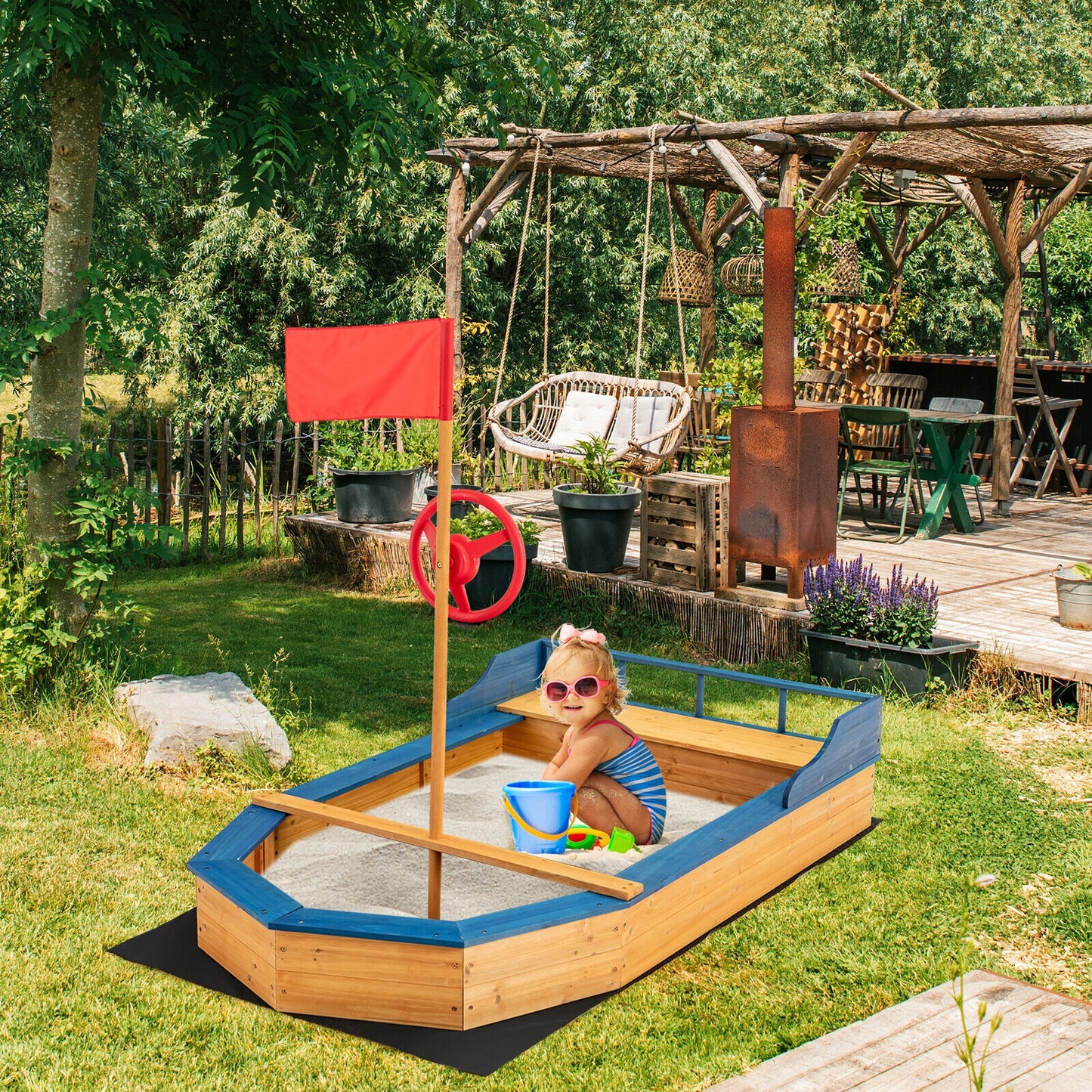 Kids' Pirate Boat Sandbox with Flag and Rudder Kids Crystal