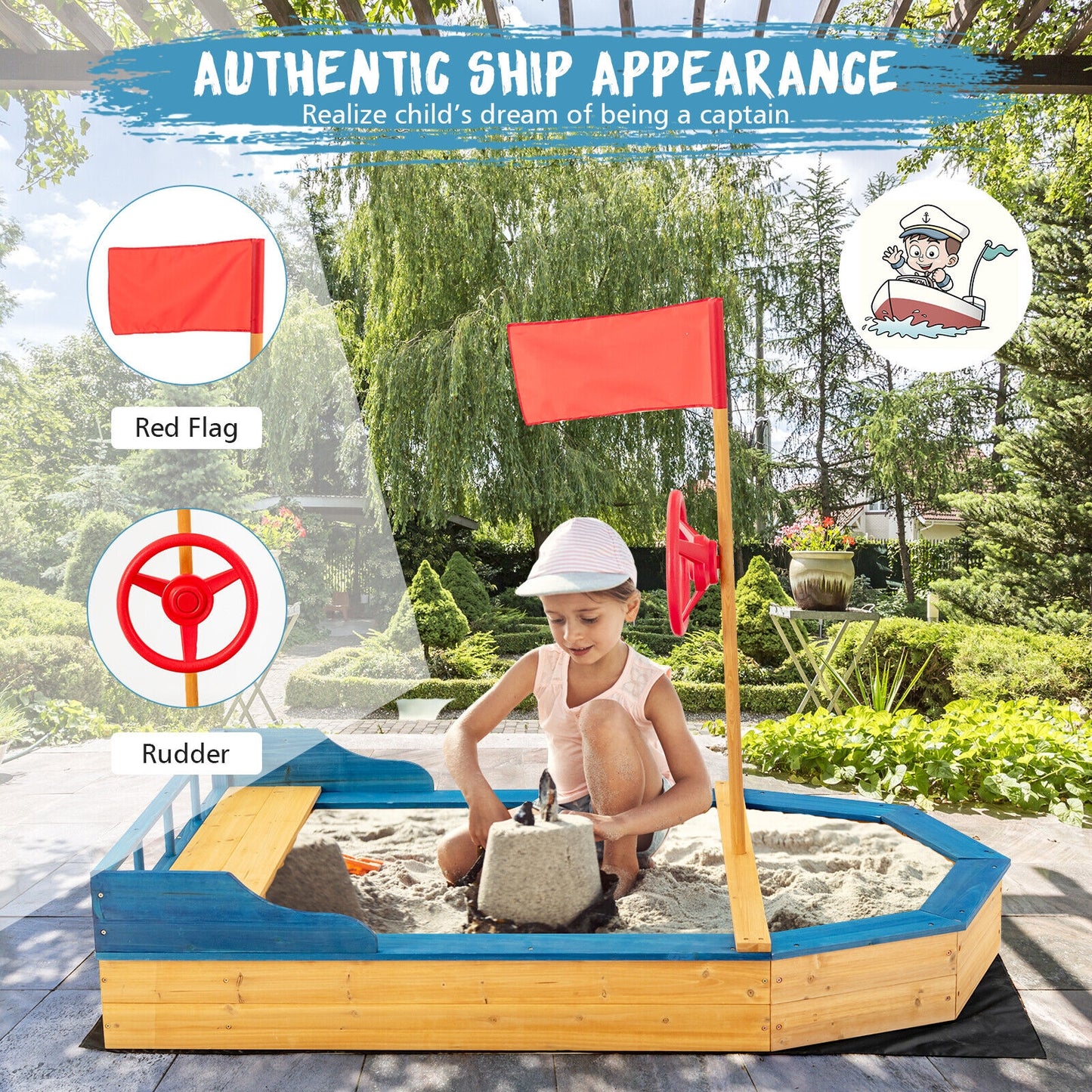 Kids' Pirate Boat Sandbox with Flag and Rudder Kids Crystal