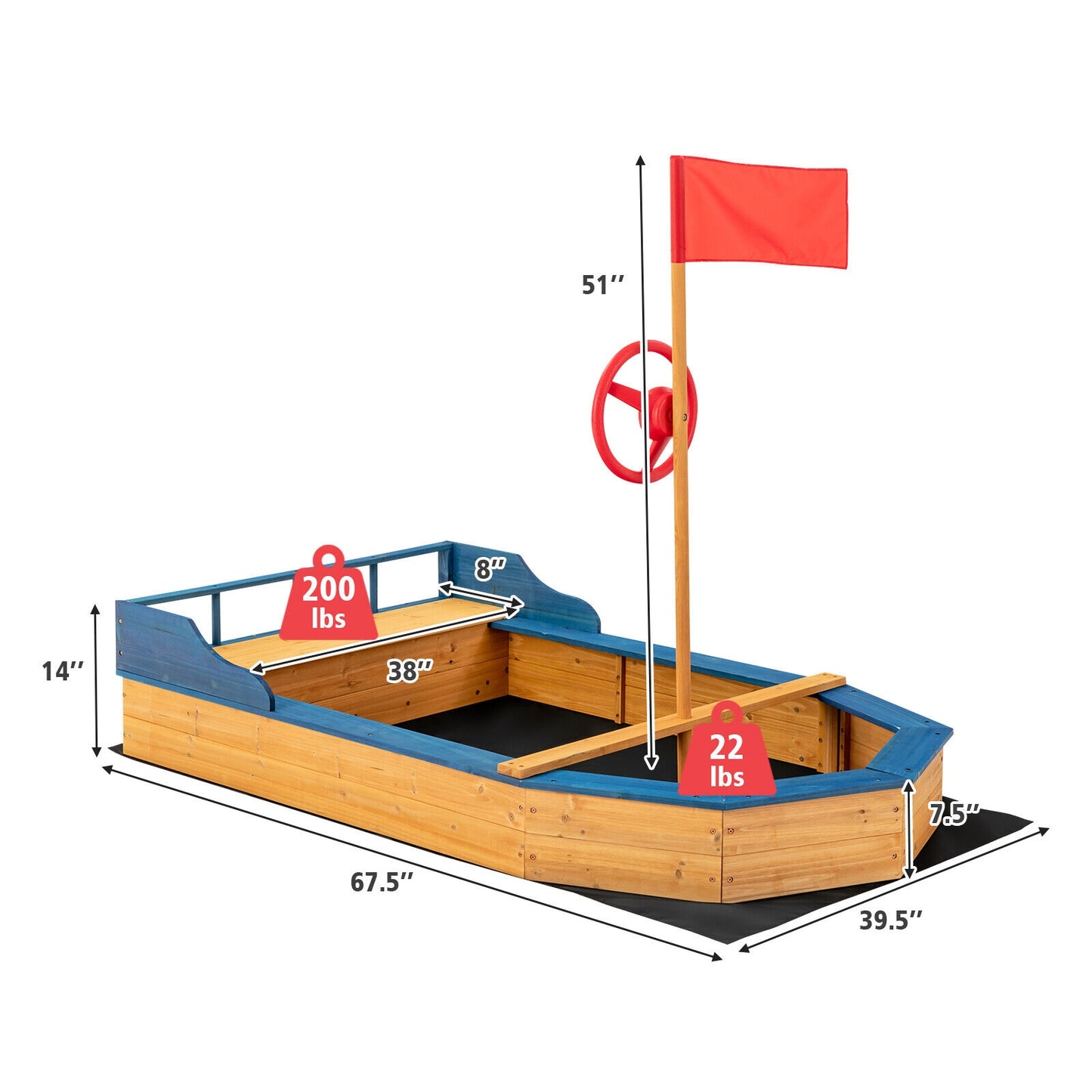 Kids' Pirate Boat Sandbox with Flag and Rudder Kids Crystal