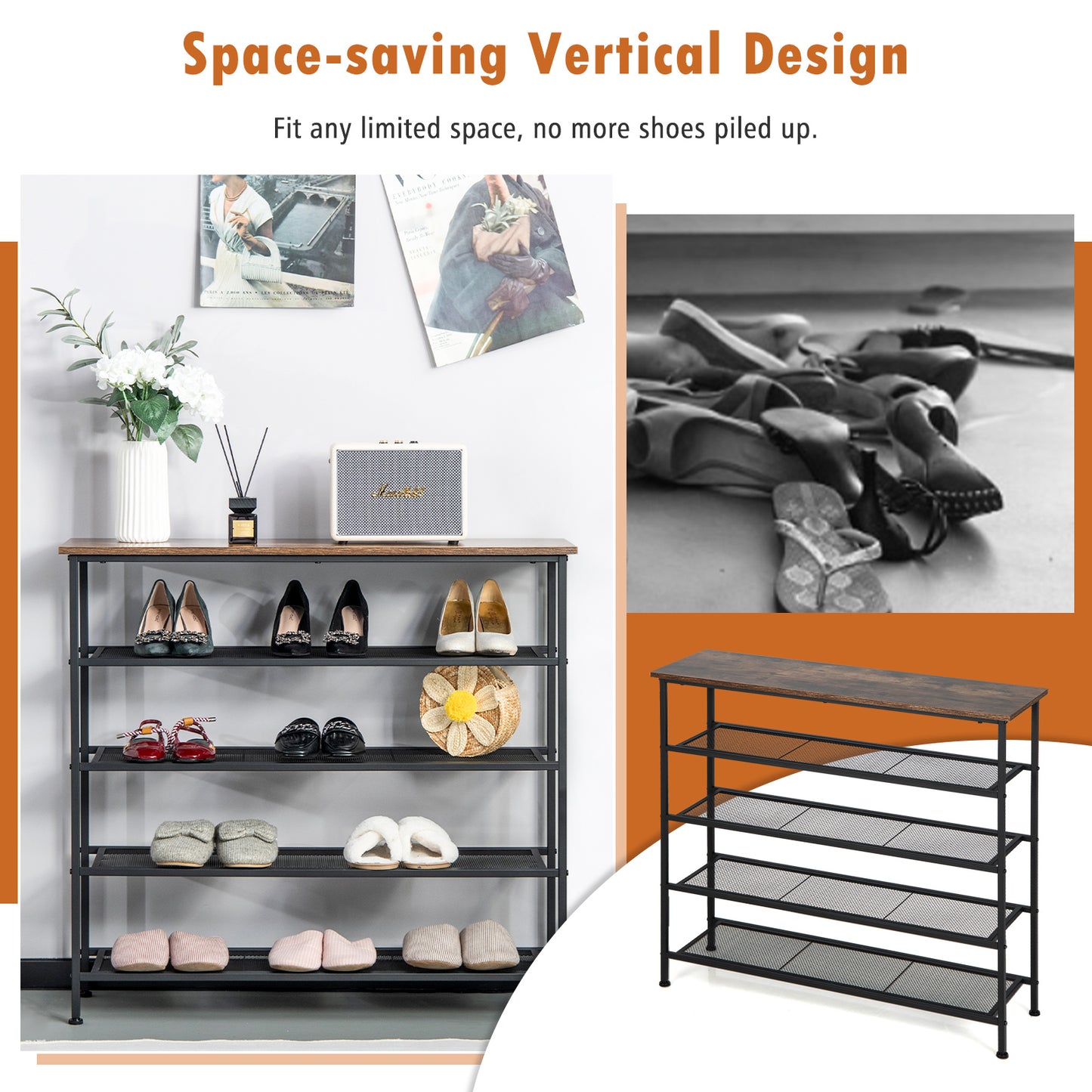Industrial Adjustable 5-Tier Metal Shoe Rack with 4 Shelves for 16-20 Pairs Kids Crystal