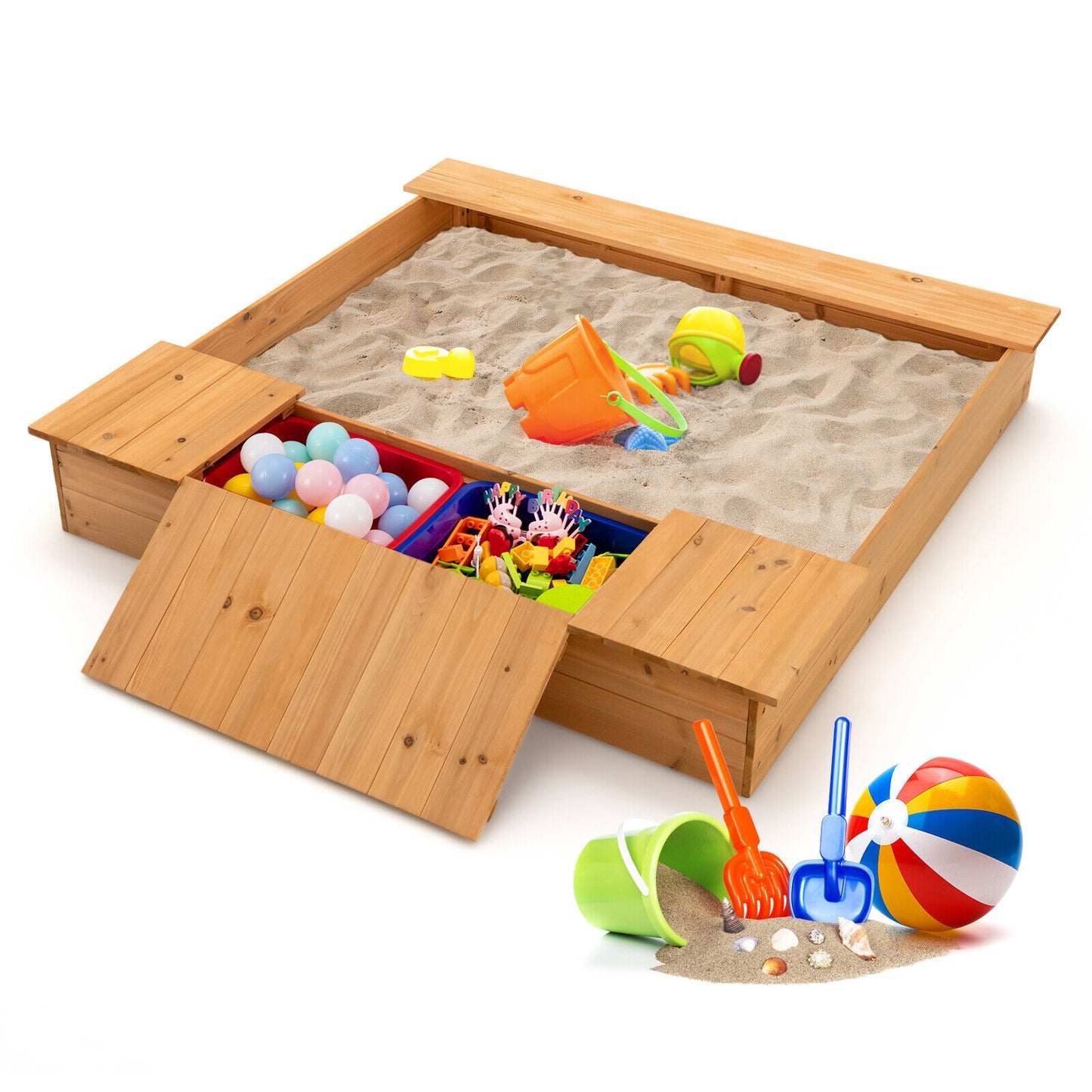 Kids Wooden Sandbox with Bench Seats and Storage Boxes Kids Crystal