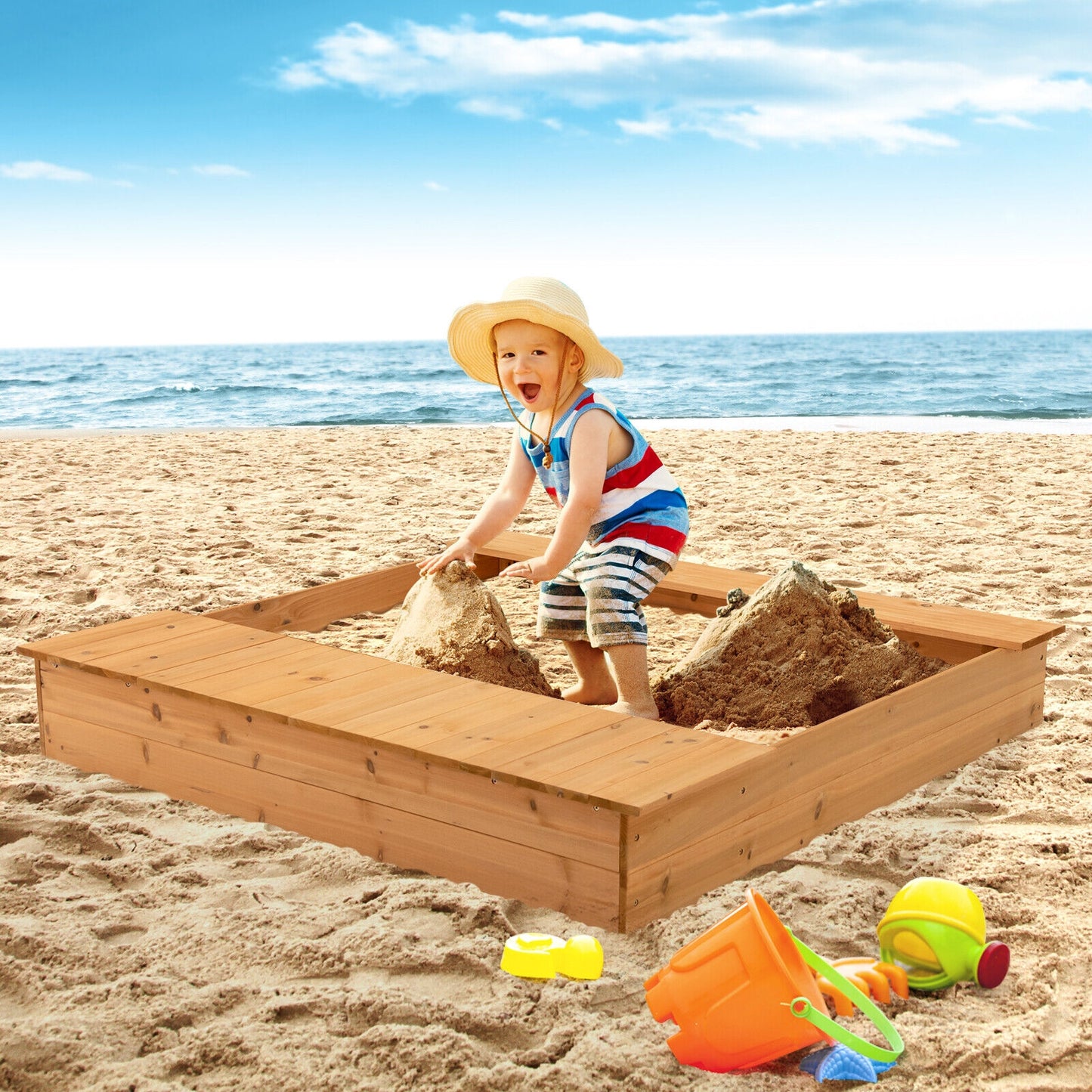 Kids Wooden Sandbox with Bench Seats and Storage Boxes Kids Crystal