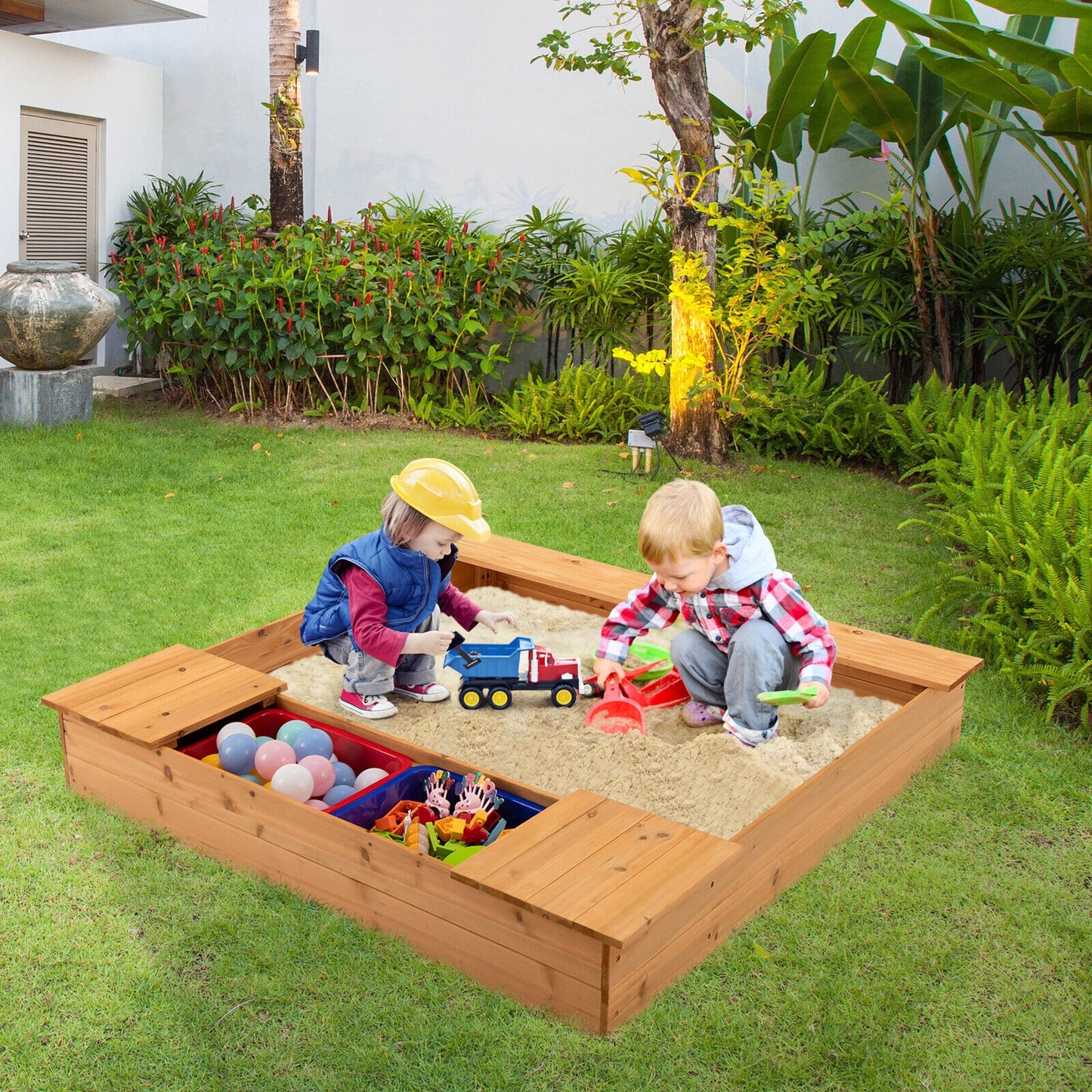 Kids Wooden Sandbox with Bench Seats and Storage Boxes Kids Crystal