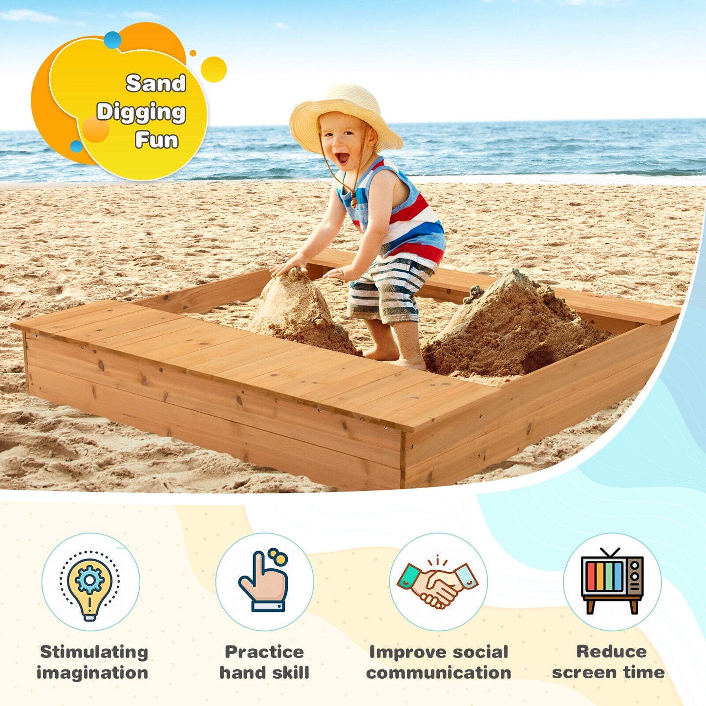 Kids Wooden Sandbox with Bench Seats and Storage Boxes Kids Crystal