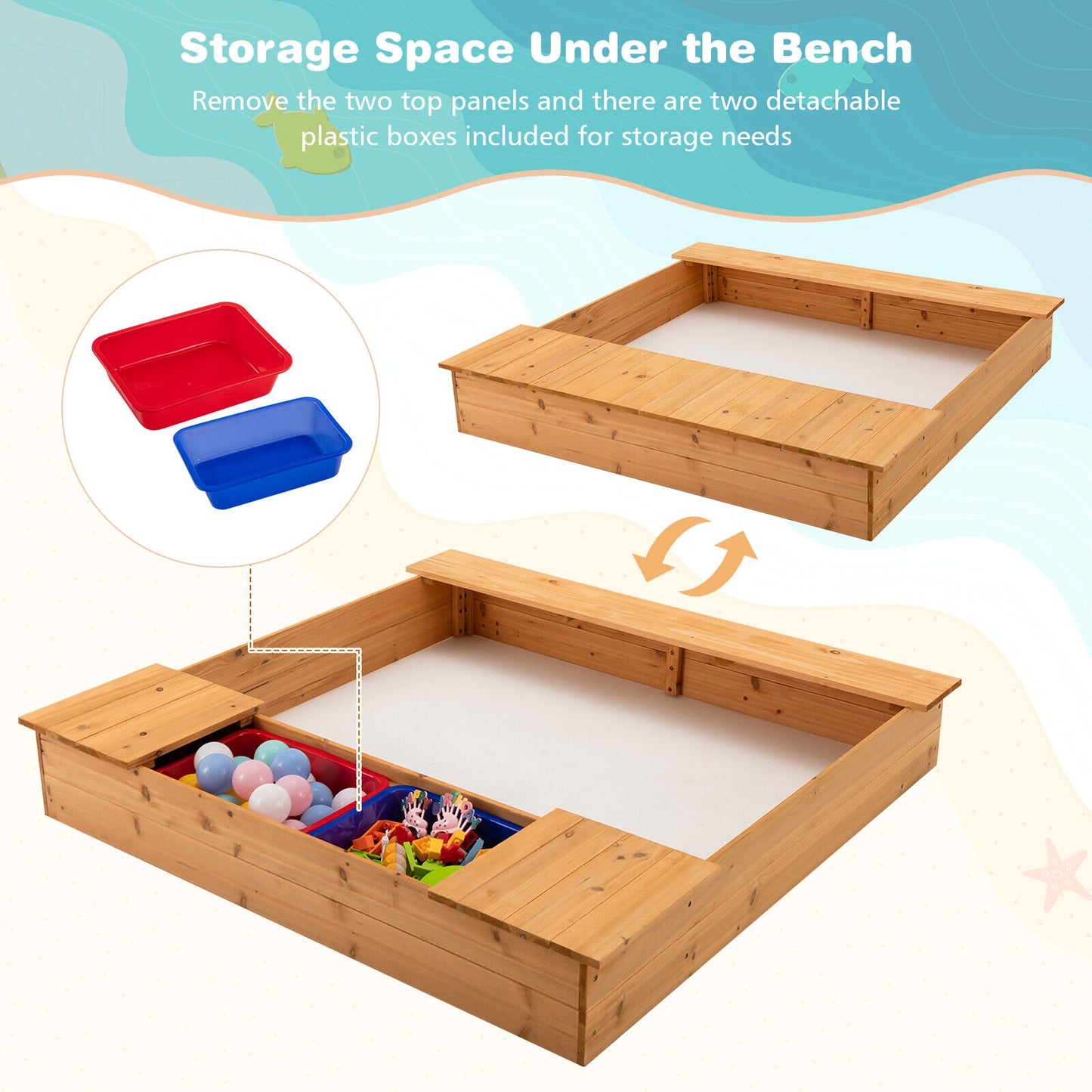 Kids Wooden Sandbox with Bench Seats and Storage Boxes Kids Crystal