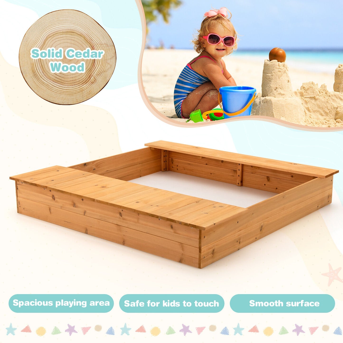 Kids Wooden Sandbox with Bench Seats and Storage Boxes Kids Crystal