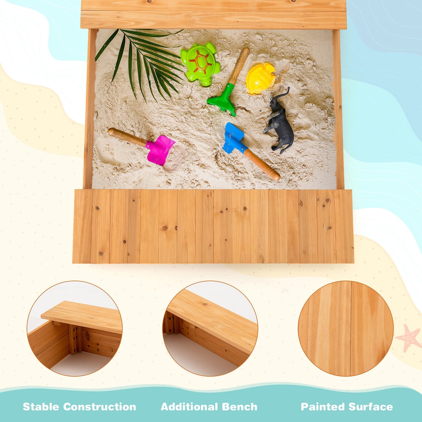 Kids Wooden Sandbox with Bench Seats and Storage Boxes Kids Crystal