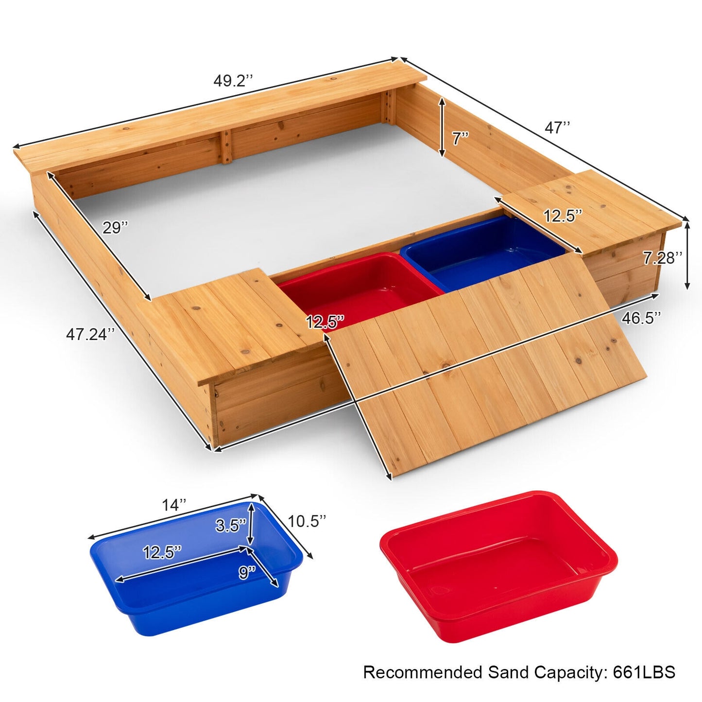 Kids Wooden Sandbox with Bench Seats and Storage Boxes Kids Crystal