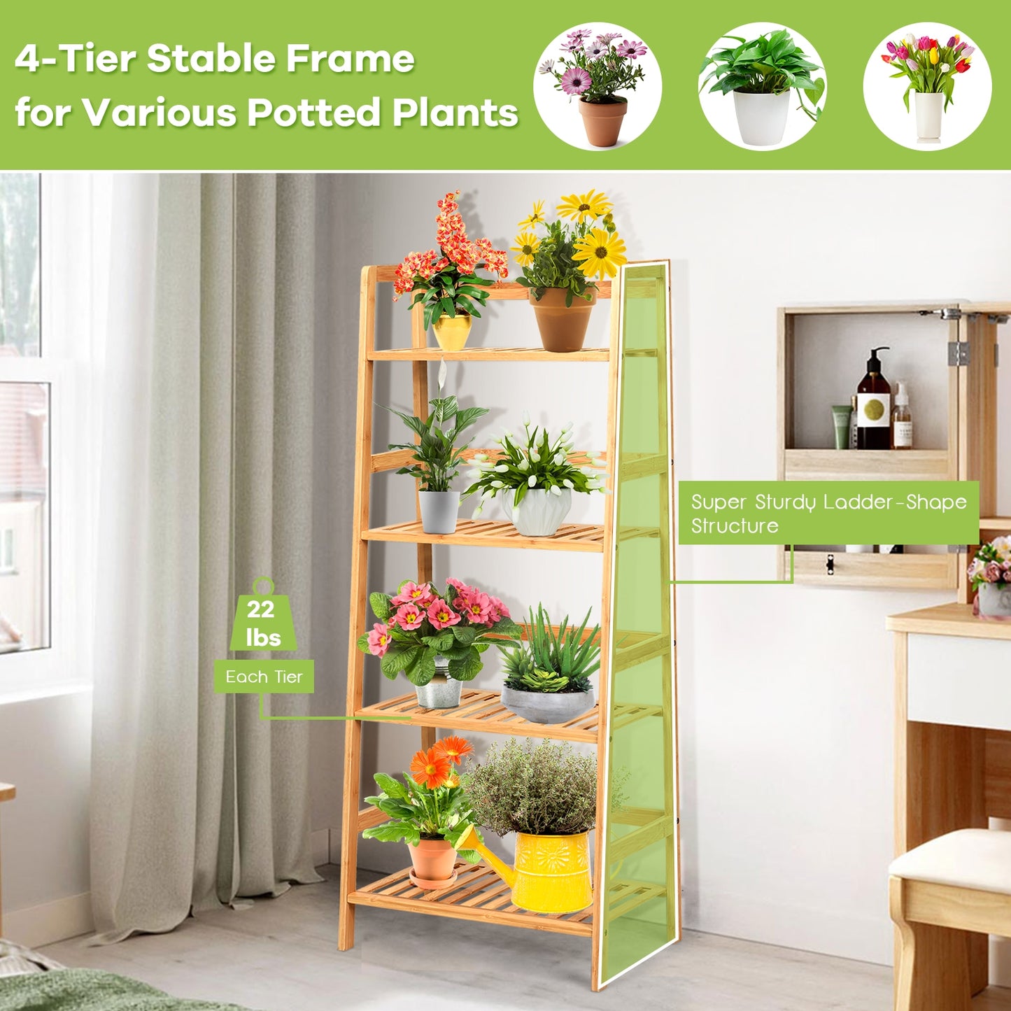 4-Tier Bamboo Plant Rack with Guardrails Stable and Space-Saving-Natural Kids Crystal