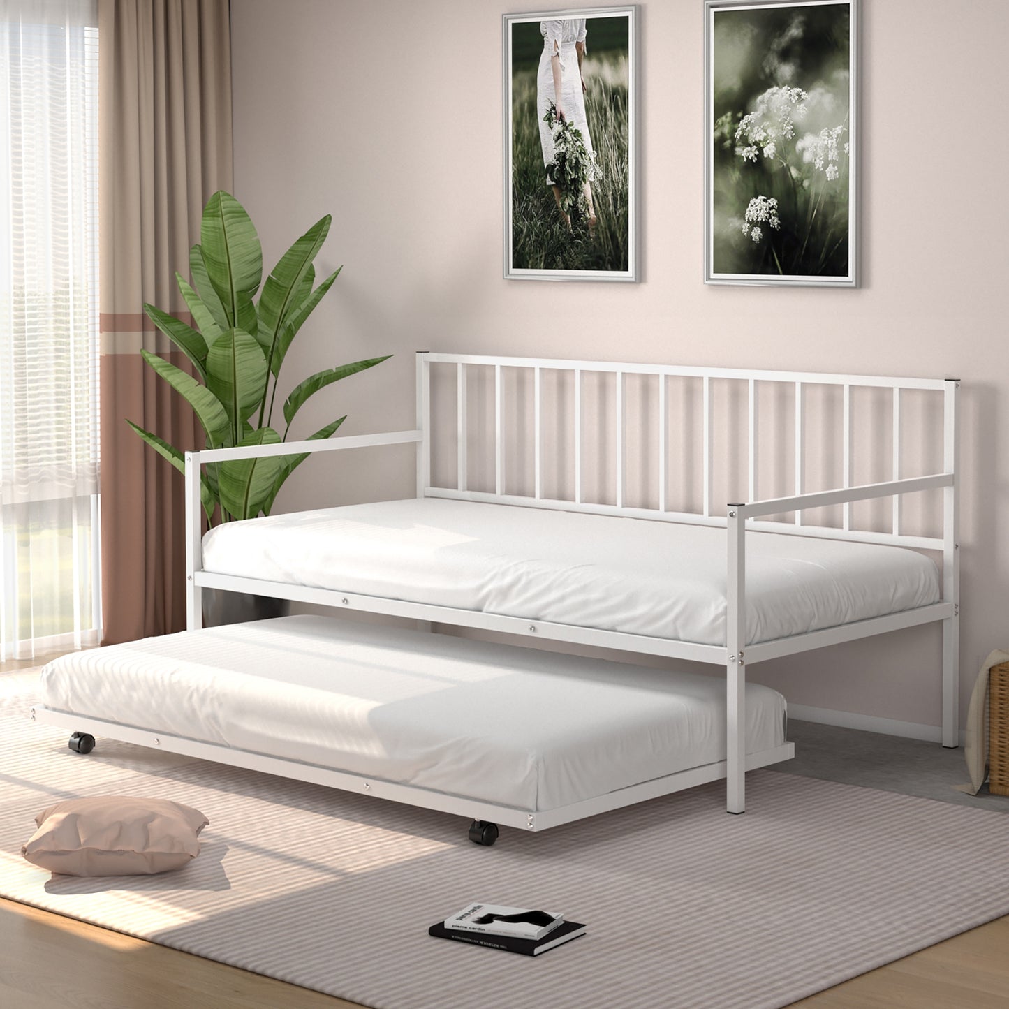 Twin Metal Daybed Sofa Bed Set with Roll Out Trundle-White Kids Crystal