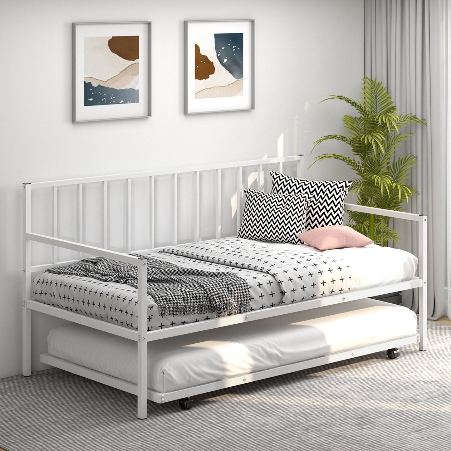 Twin Metal Daybed Sofa Bed Set with Roll Out Trundle-White Kids Crystal