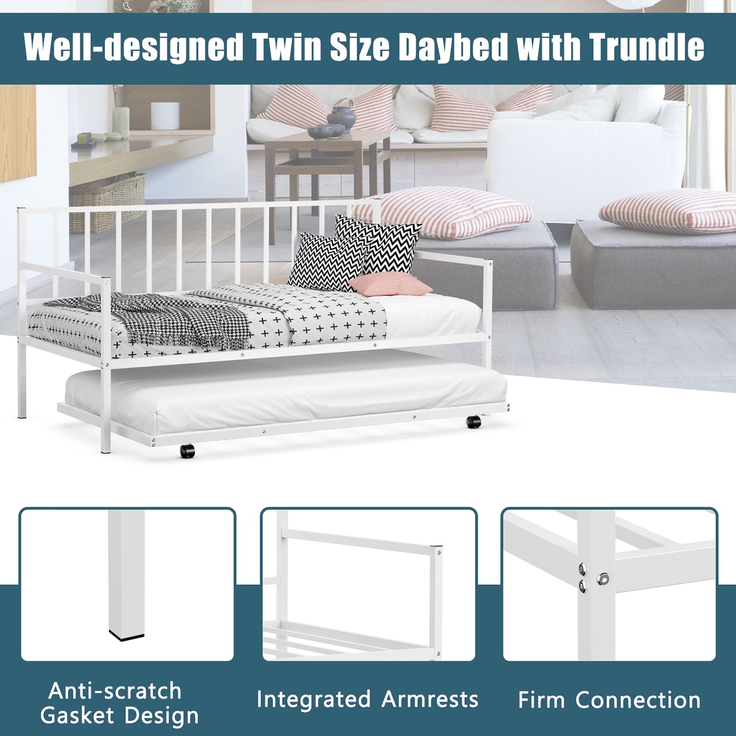 Twin Metal Daybed Sofa Bed Set with Roll Out Trundle-White Kids Crystal