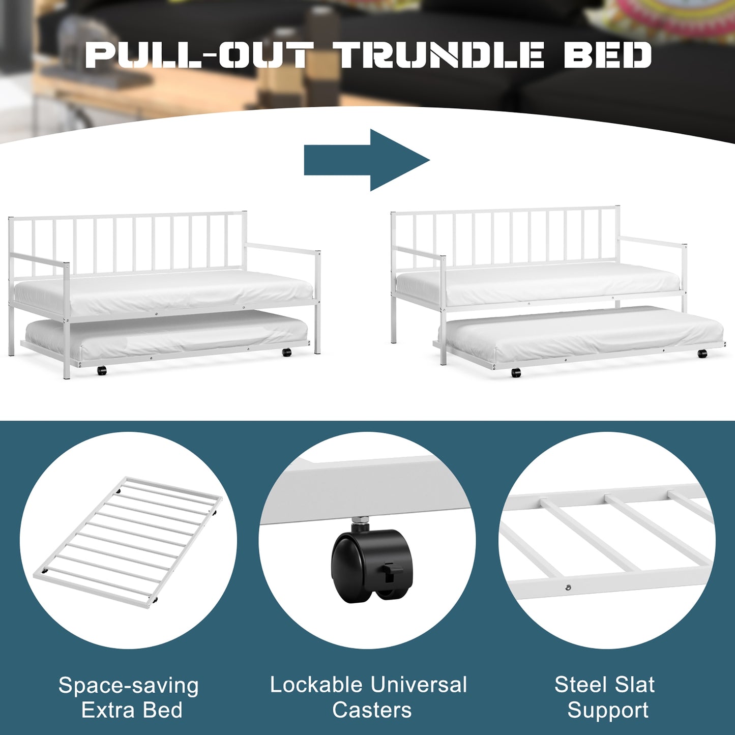 Twin Metal Daybed Sofa Bed Set with Roll Out Trundle-White Kids Crystal