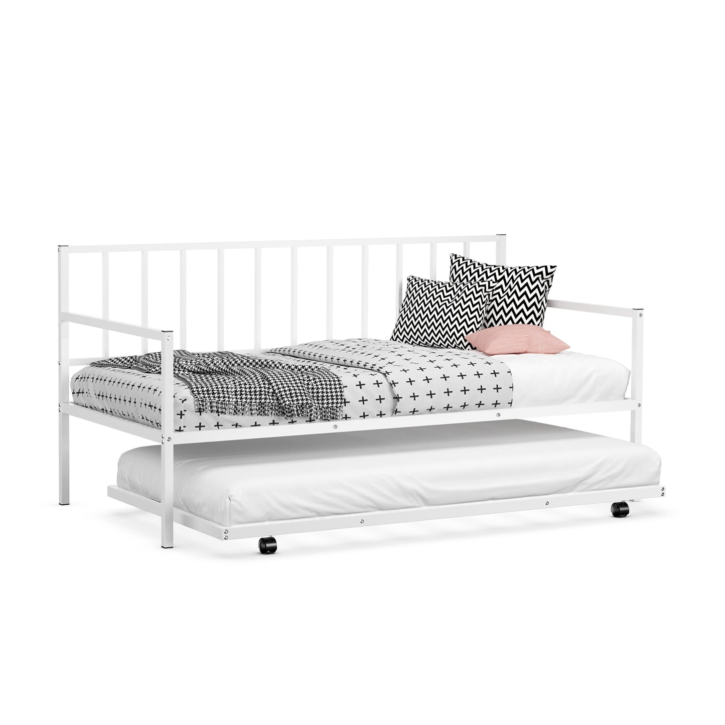 Twin Metal Daybed Sofa Bed Set with Roll Out Trundle-White Kids Crystal