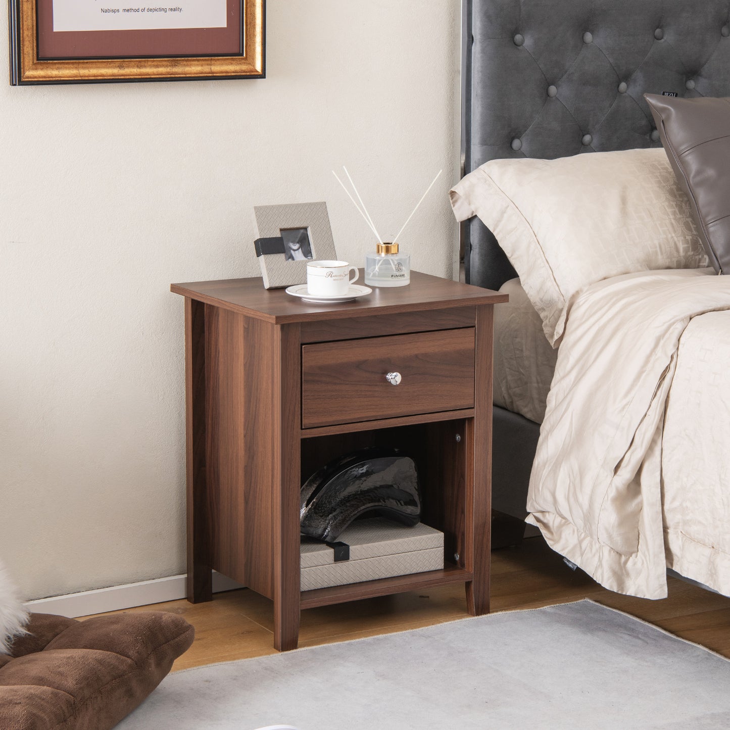 Wooden Nightstand with Slide-out Drawer and Open Shelf-Walnut Kids Crystal