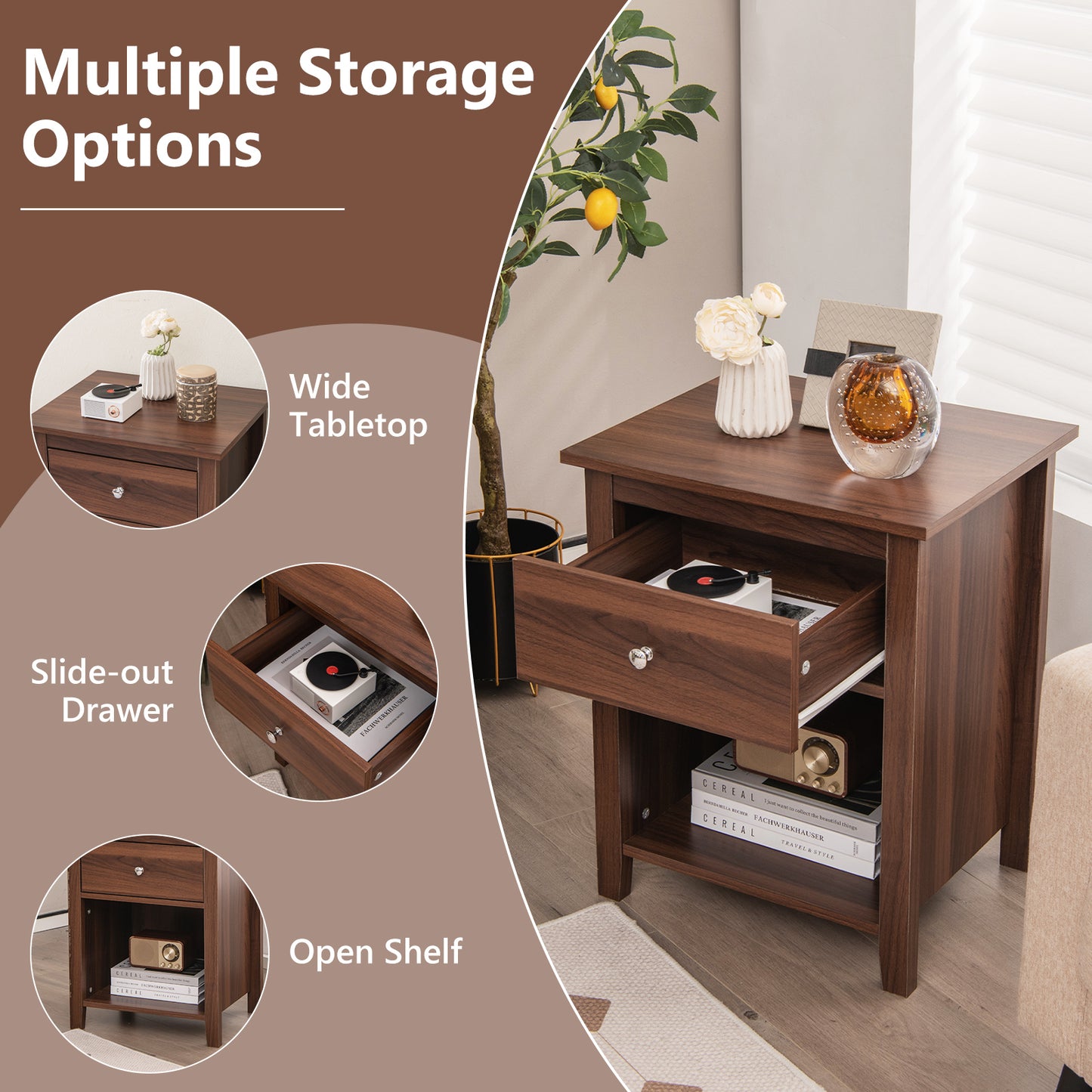 Wooden Nightstand with Slide-out Drawer and Open Shelf-Walnut Kids Crystal