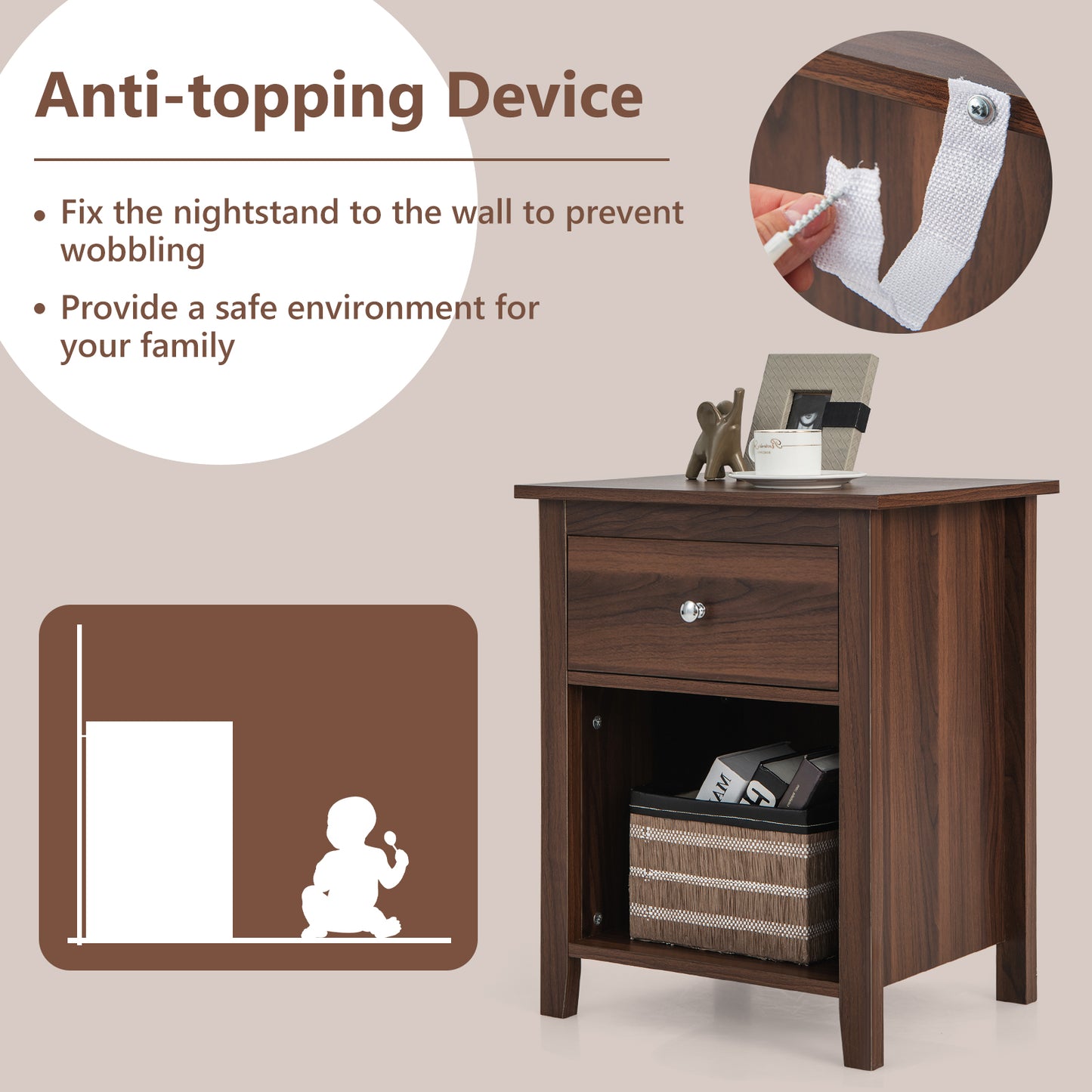 Wooden Nightstand with Slide-out Drawer and Open Shelf-Walnut Kids Crystal