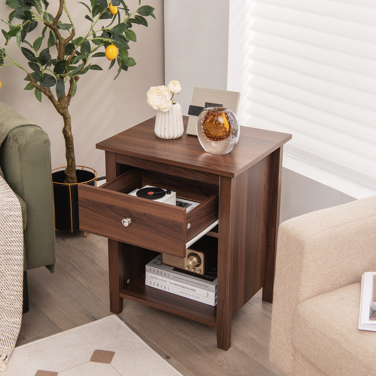 Wooden Nightstand with Slide-out Drawer and Open Shelf-Walnut Kids Crystal