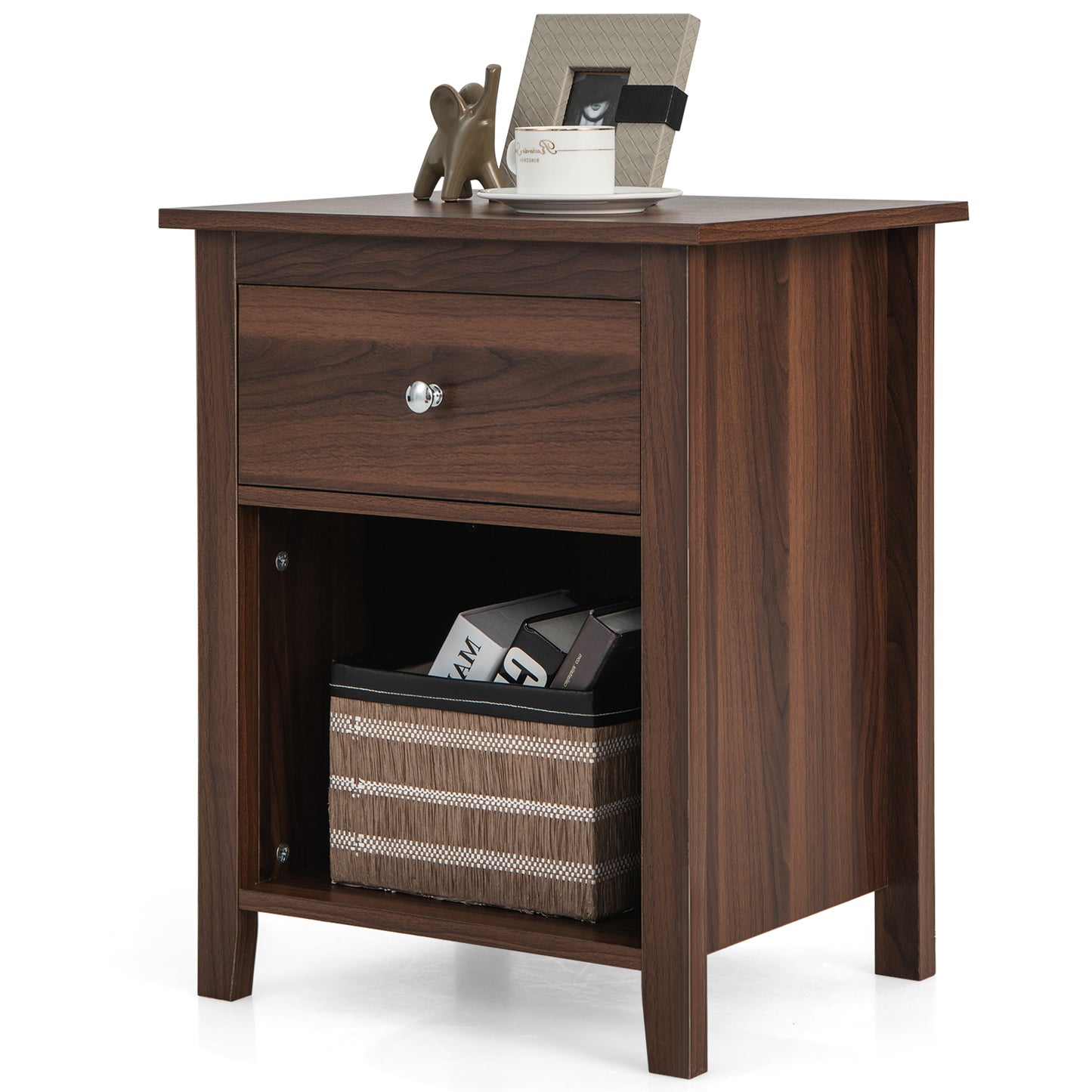 Wooden Nightstand with Slide-out Drawer and Open Shelf-Walnut Kids Crystal