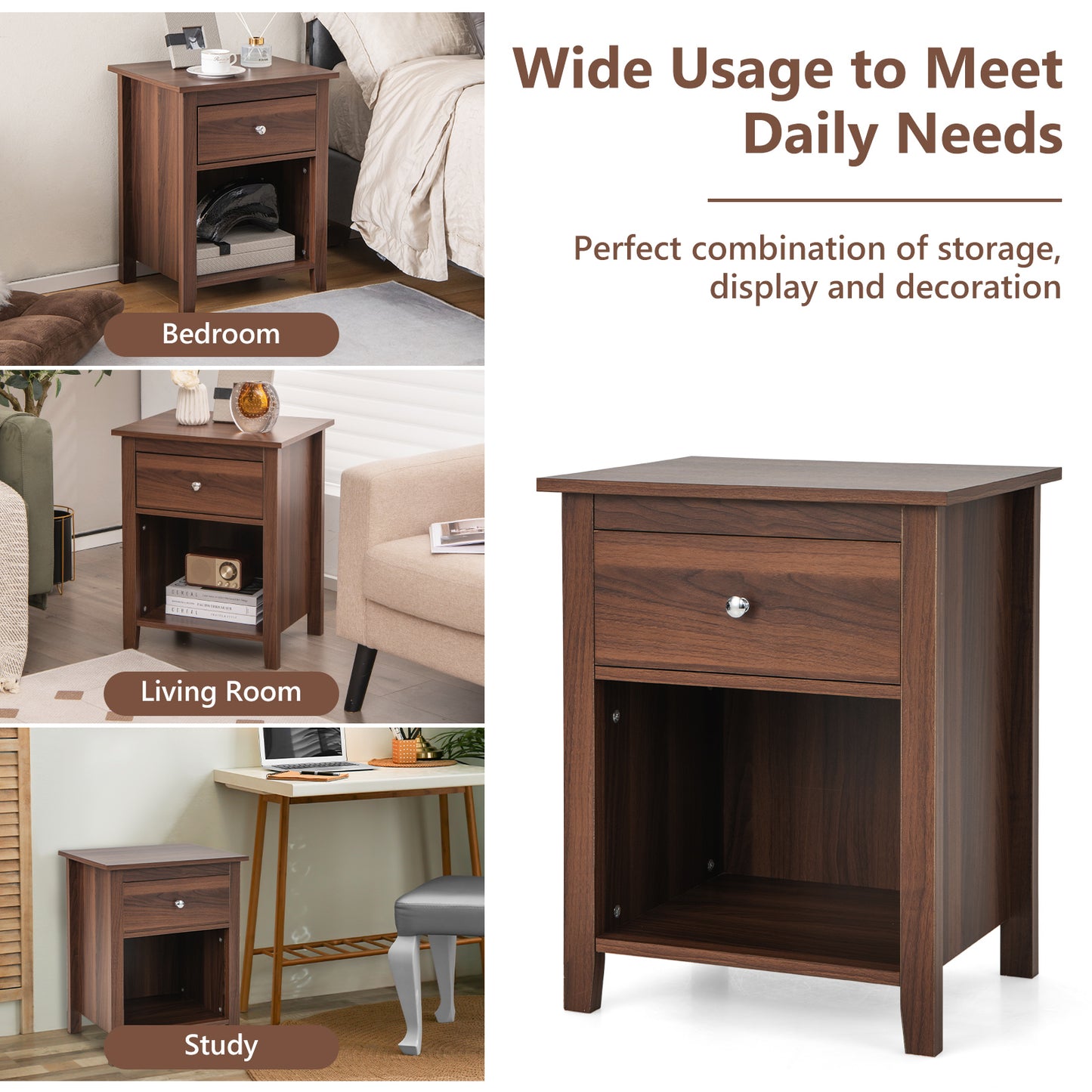Wooden Nightstand with Slide-out Drawer and Open Shelf-Walnut Kids Crystal