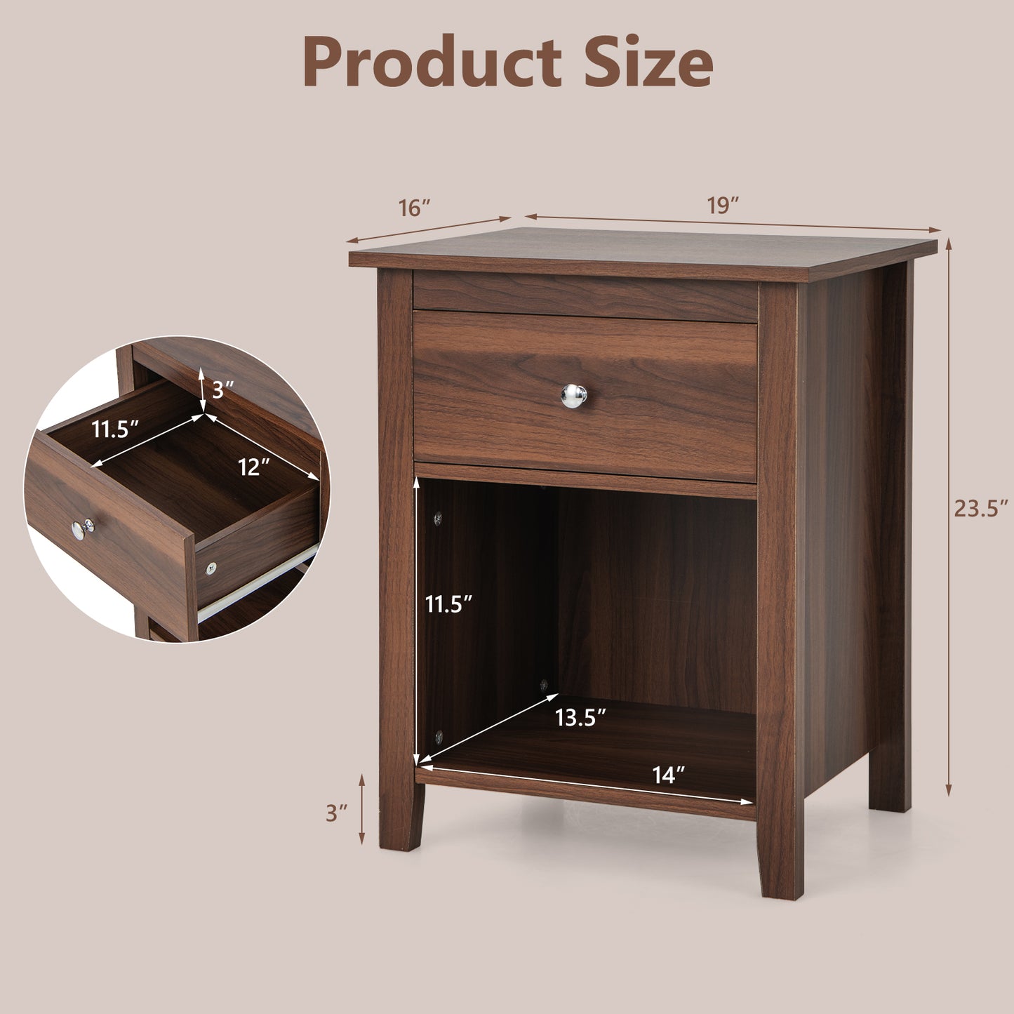 Wooden Nightstand with Slide-out Drawer and Open Shelf-Walnut Kids Crystal