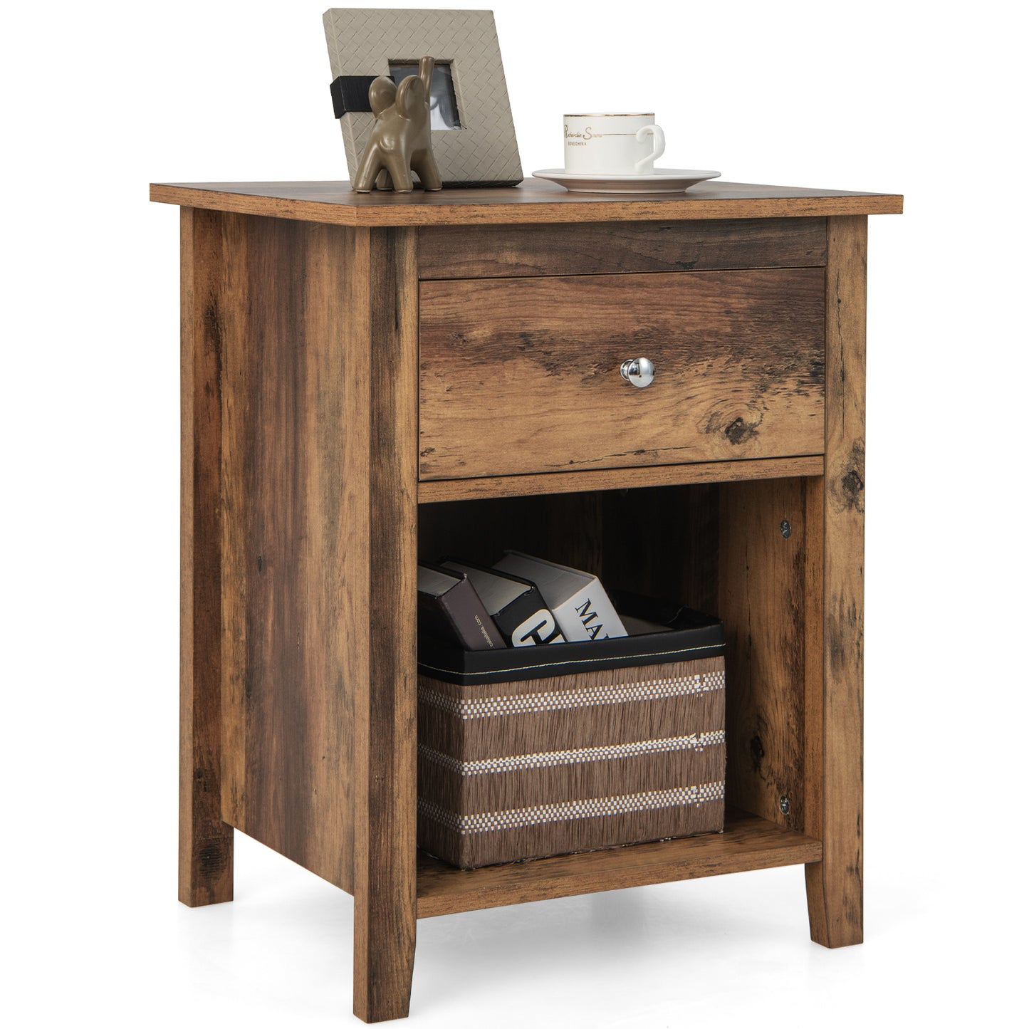 Wooden Nightstand with Slide-out Drawer and Open Shelf-Rustic Brown Kids Crystal