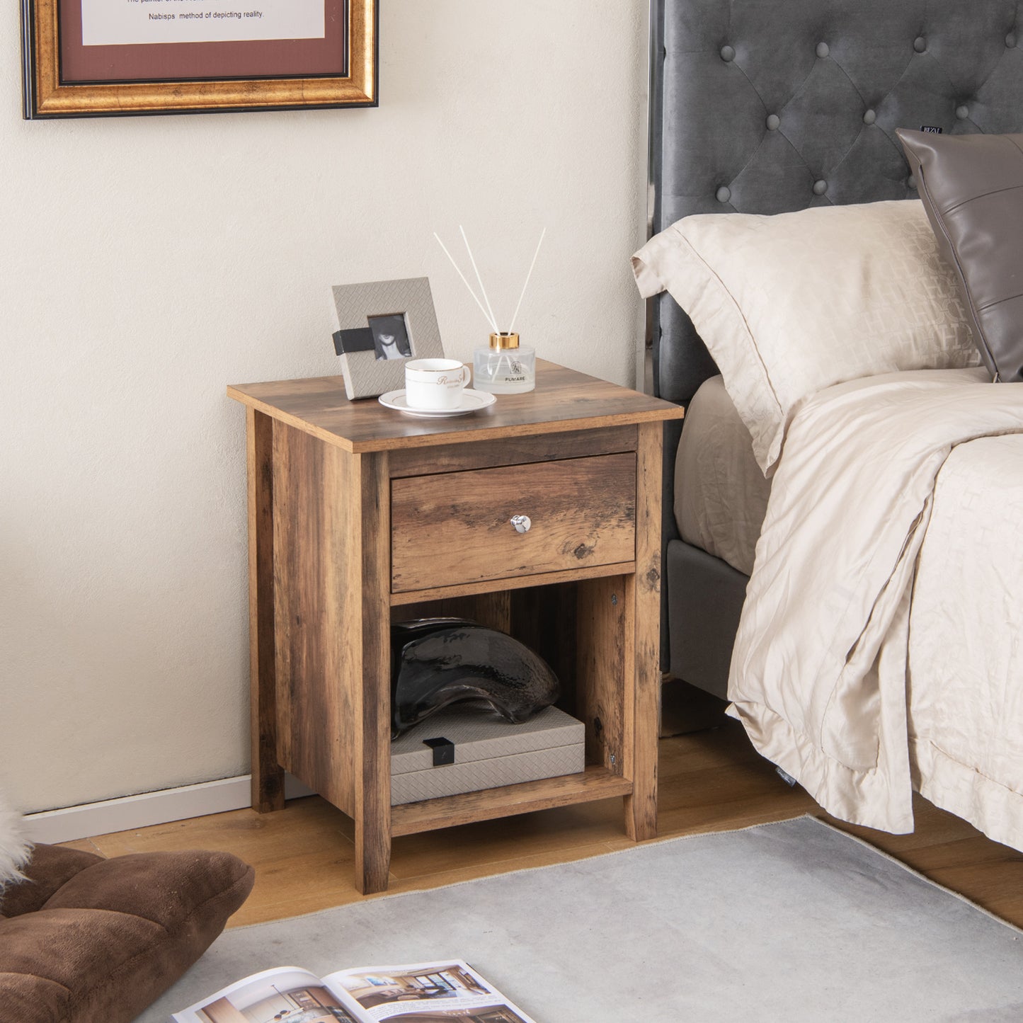 Wooden Nightstand with Slide-out Drawer and Open Shelf-Rustic Brown Kids Crystal