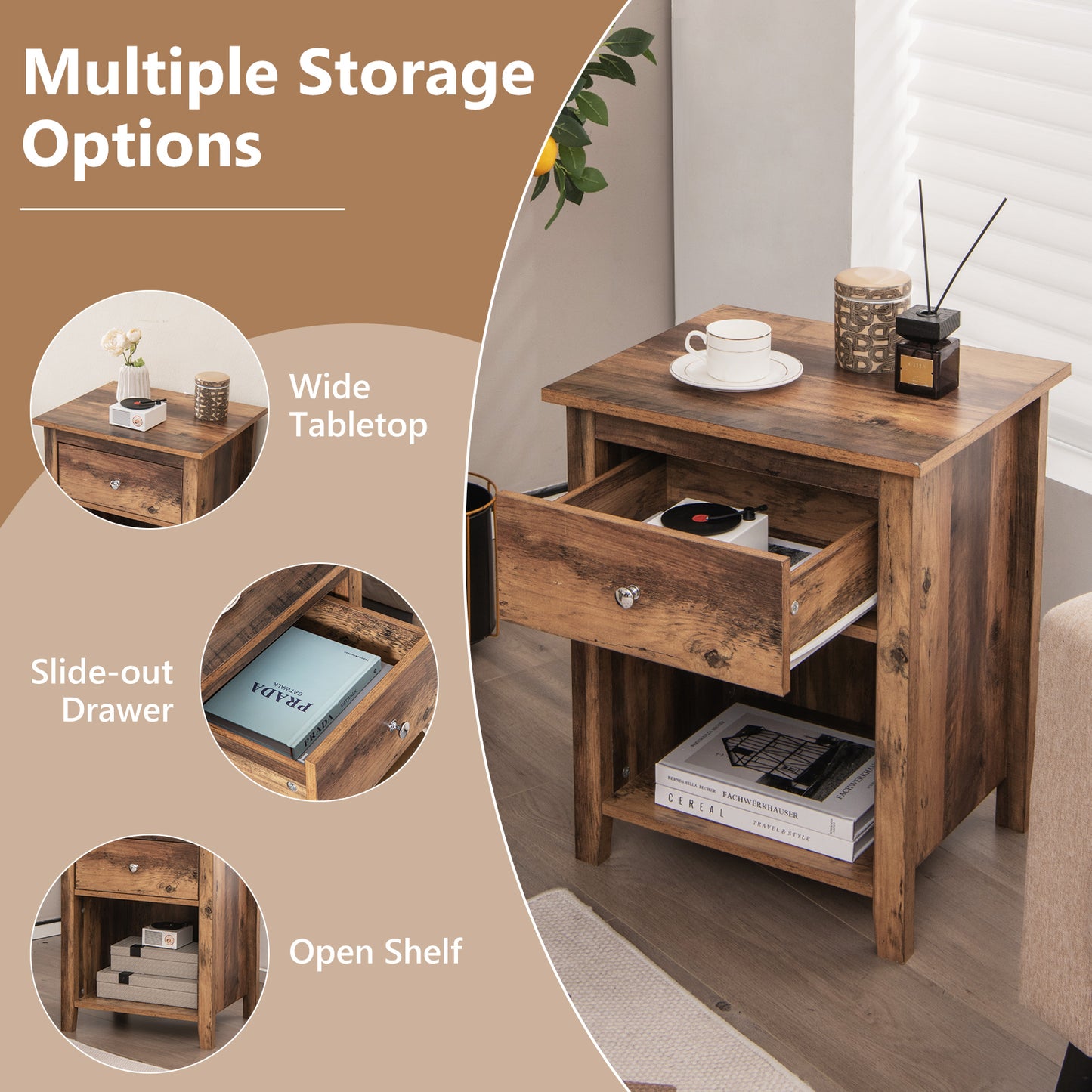 Wooden Nightstand with Slide-out Drawer and Open Shelf-Rustic Brown Kids Crystal