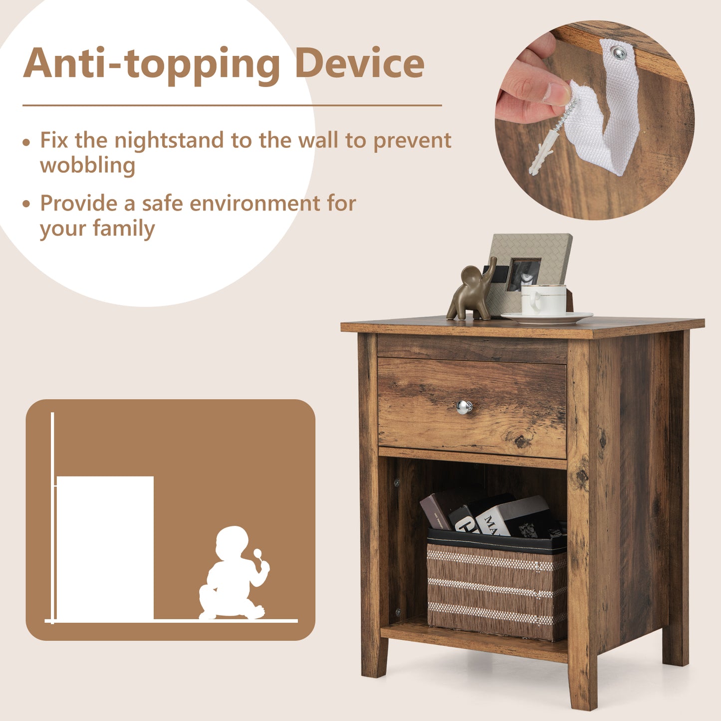 Wooden Nightstand with Slide-out Drawer and Open Shelf-Rustic Brown Kids Crystal