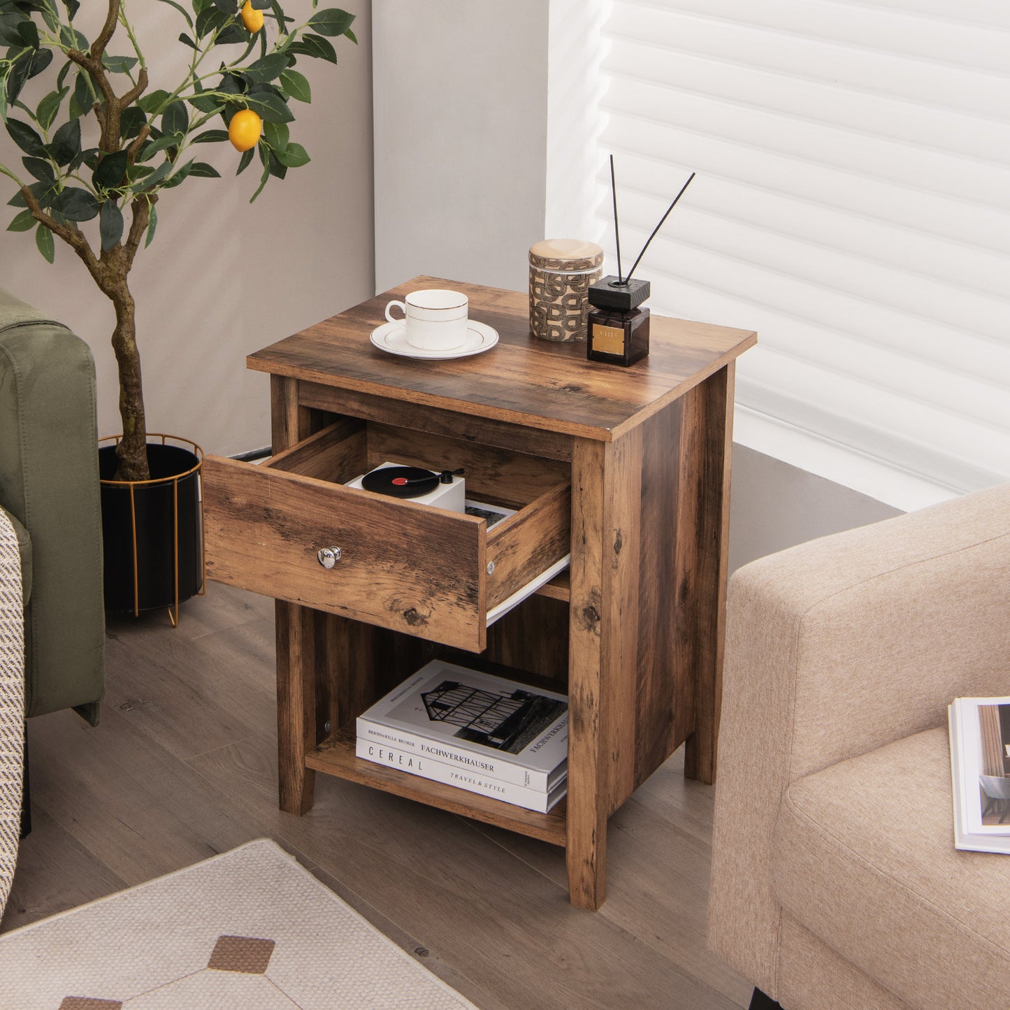 Wooden Nightstand with Slide-out Drawer and Open Shelf-Rustic Brown Kids Crystal