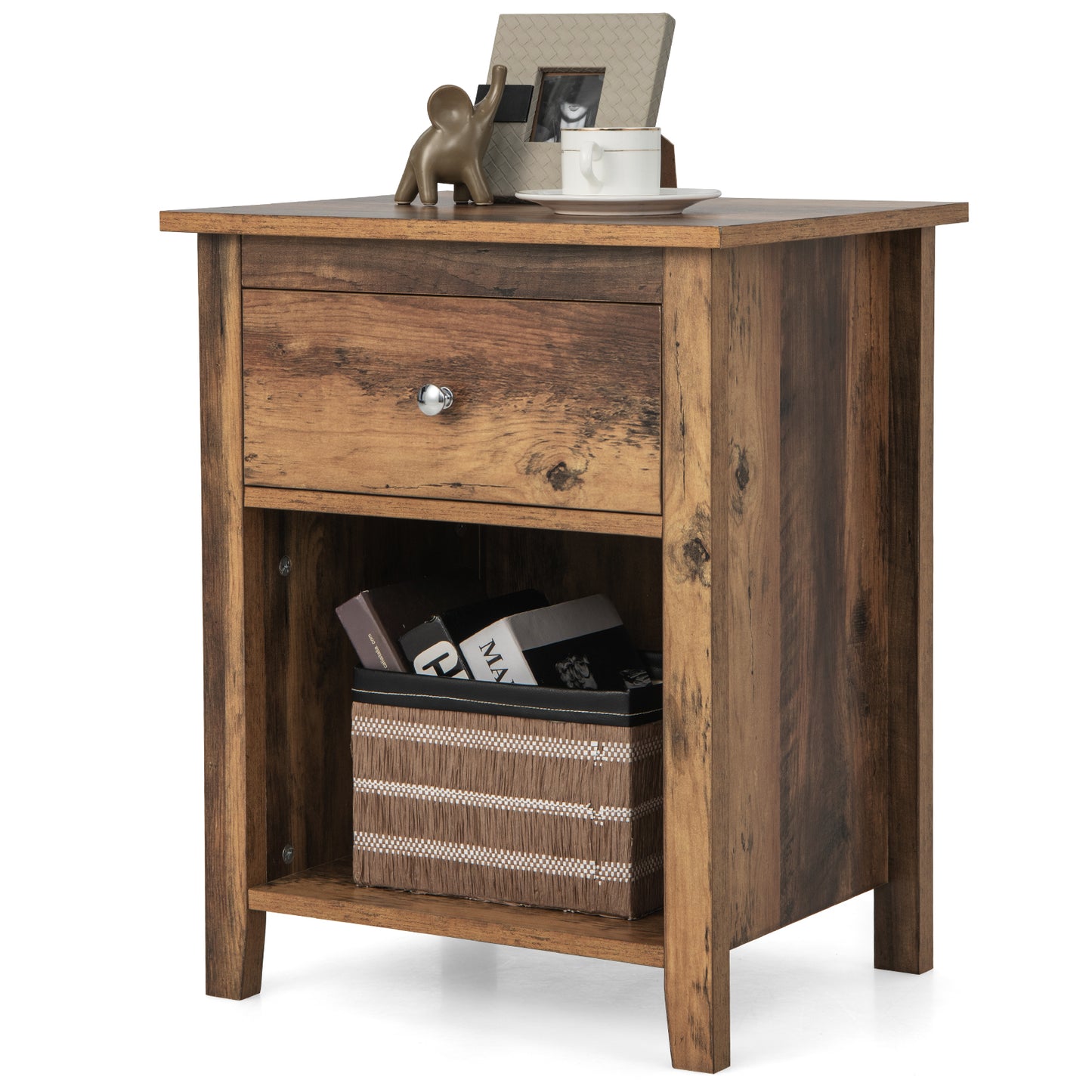 Wooden Nightstand with Slide-out Drawer and Open Shelf-Rustic Brown Kids Crystal