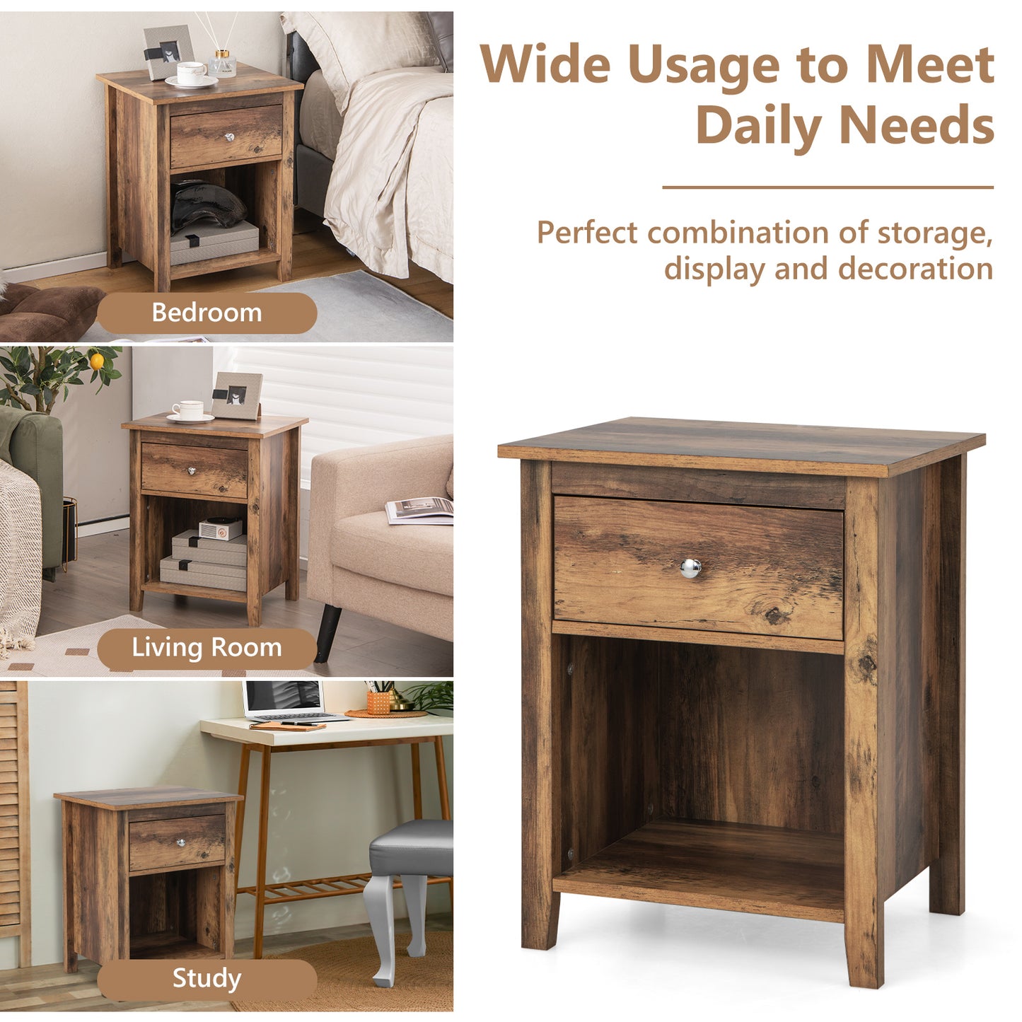 Wooden Nightstand with Slide-out Drawer and Open Shelf-Rustic Brown Kids Crystal