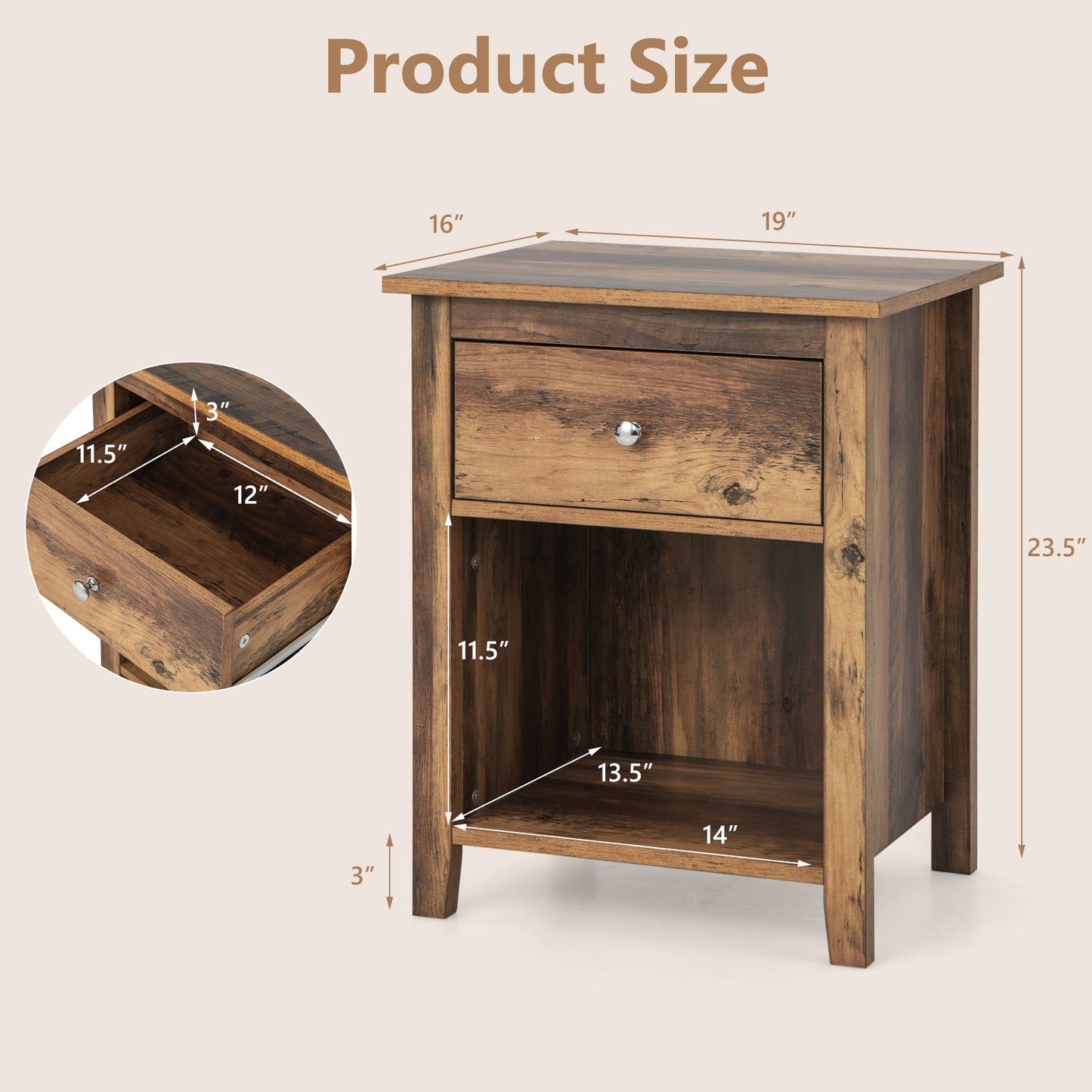 Wooden Nightstand with Slide-out Drawer and Open Shelf-Rustic Brown Kids Crystal