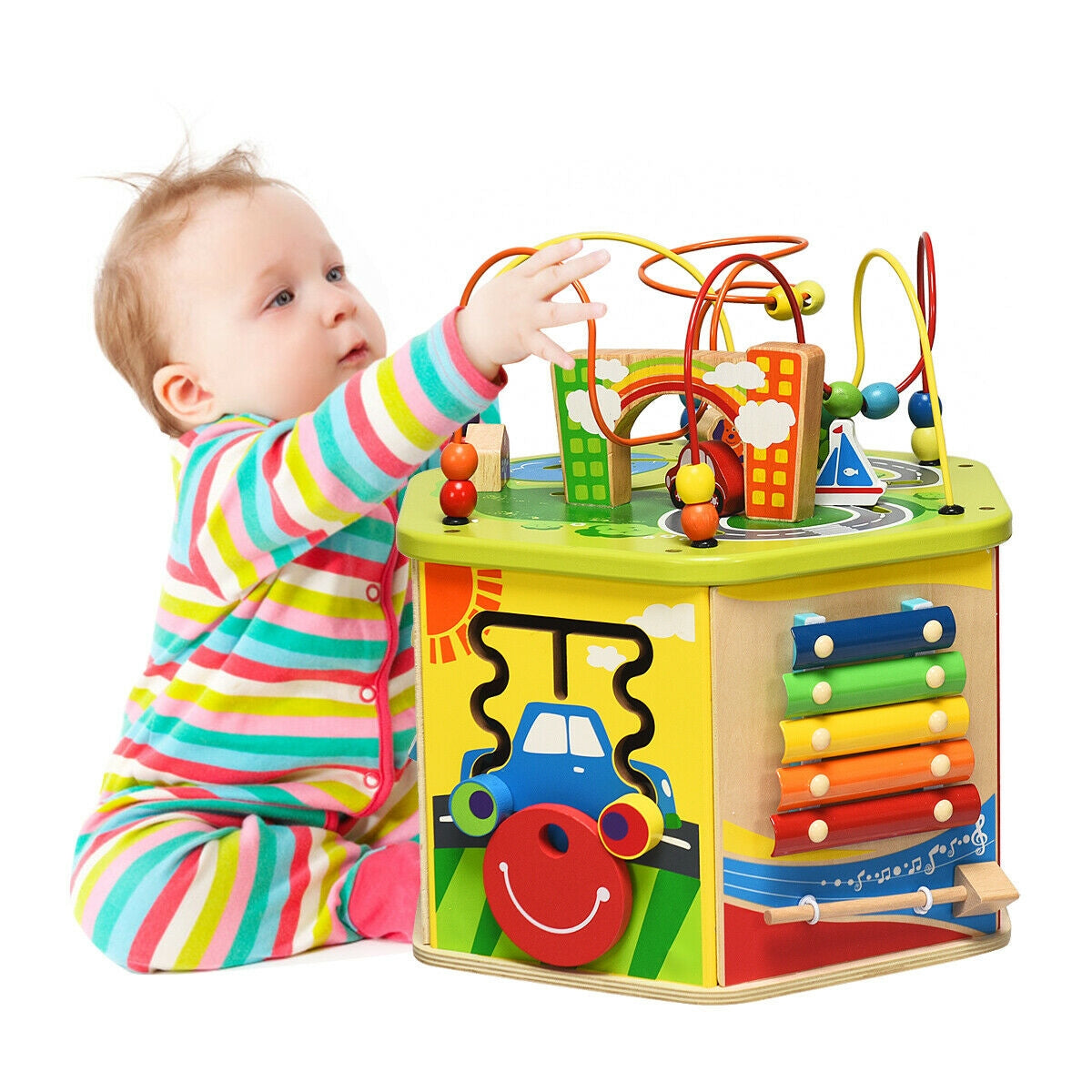 7-in-1 Wooden Activity Cube Toy Kids Crystal