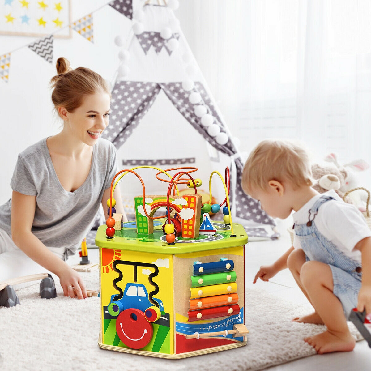 7-in-1 Wooden Activity Cube Toy Kids Crystal